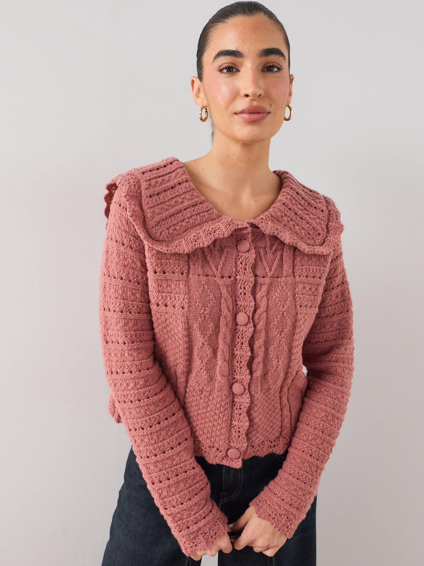 Image 1 of 7 of The Very Collection Collared Stitch Interest Cardigan - Pink