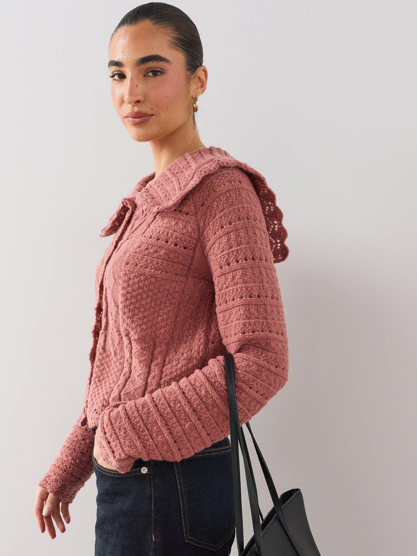 Image 6 of 7 of The Very Collection Collared Stitch Interest Cardigan - Pink