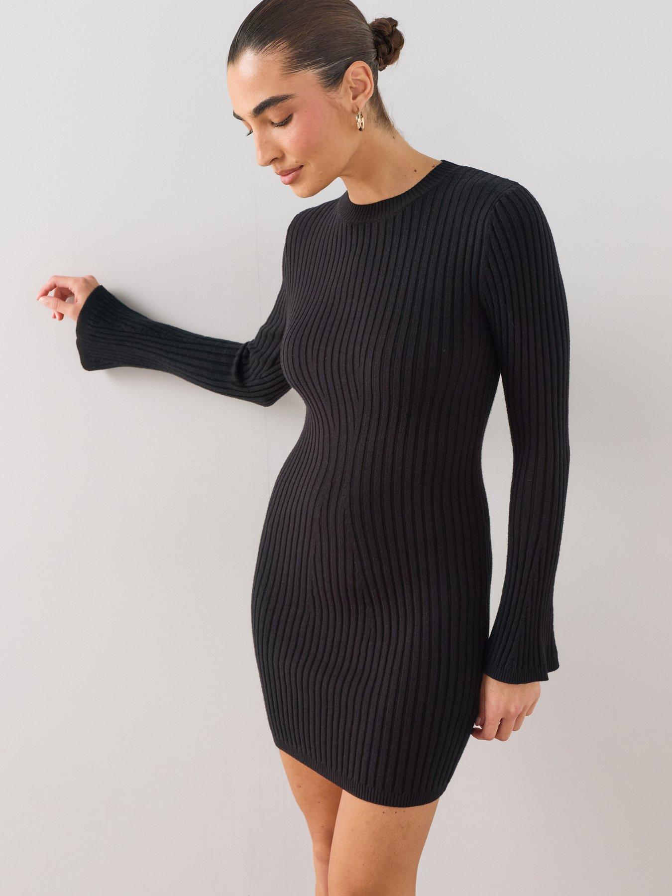Image 1 of 7 of The Very Collection Crew Neck Fit &amp; Flare Mini Dress - Black