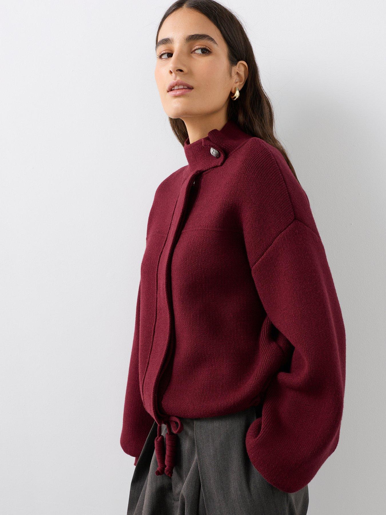 Image 1 of 6 of The Very Collection Funnel Neck Seam Detail Knitted Bomber Jacket - Burgundy