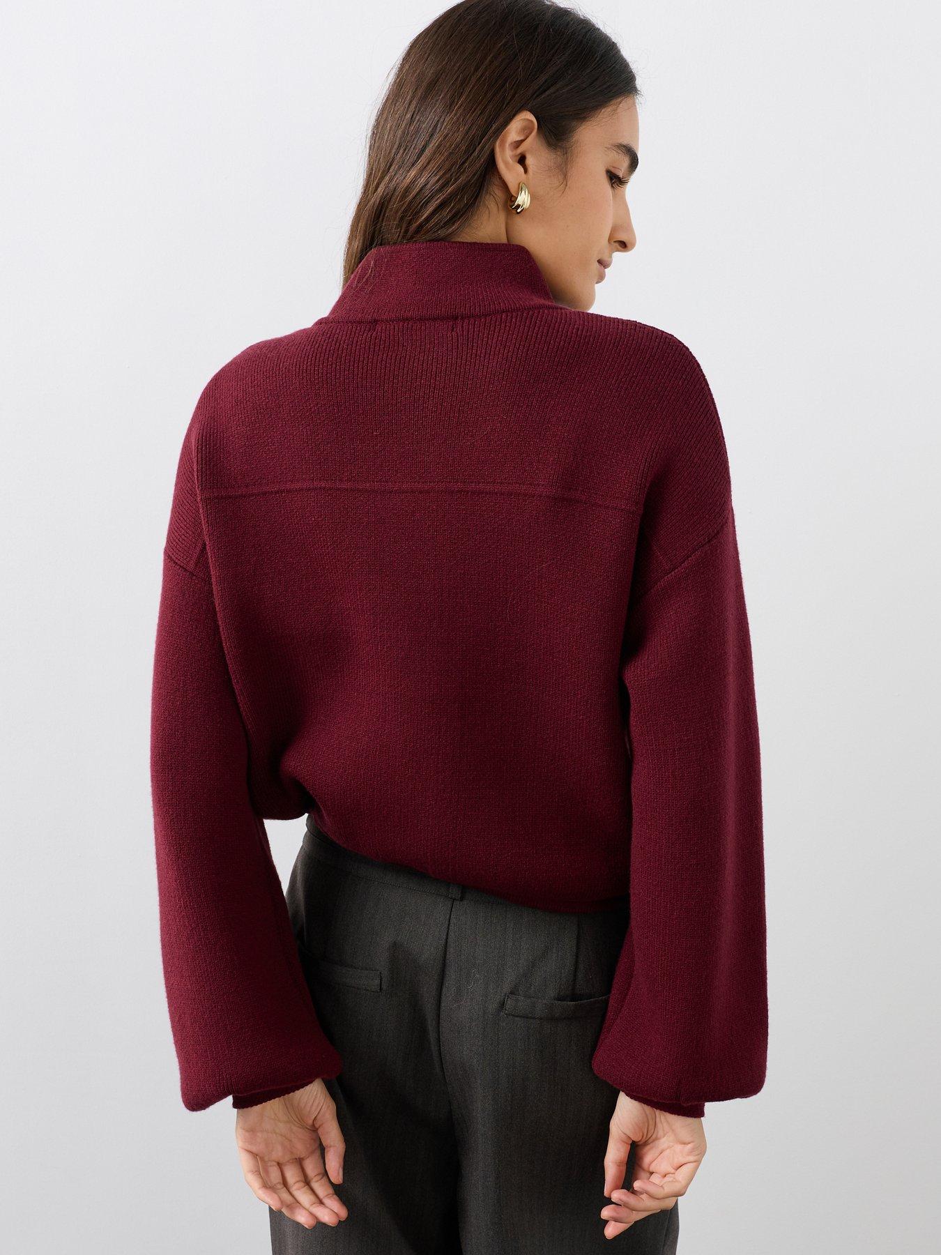 Image 2 of 6 of The Very Collection Funnel Neck Seam Detail Knitted Bomber Jacket - Burgundy