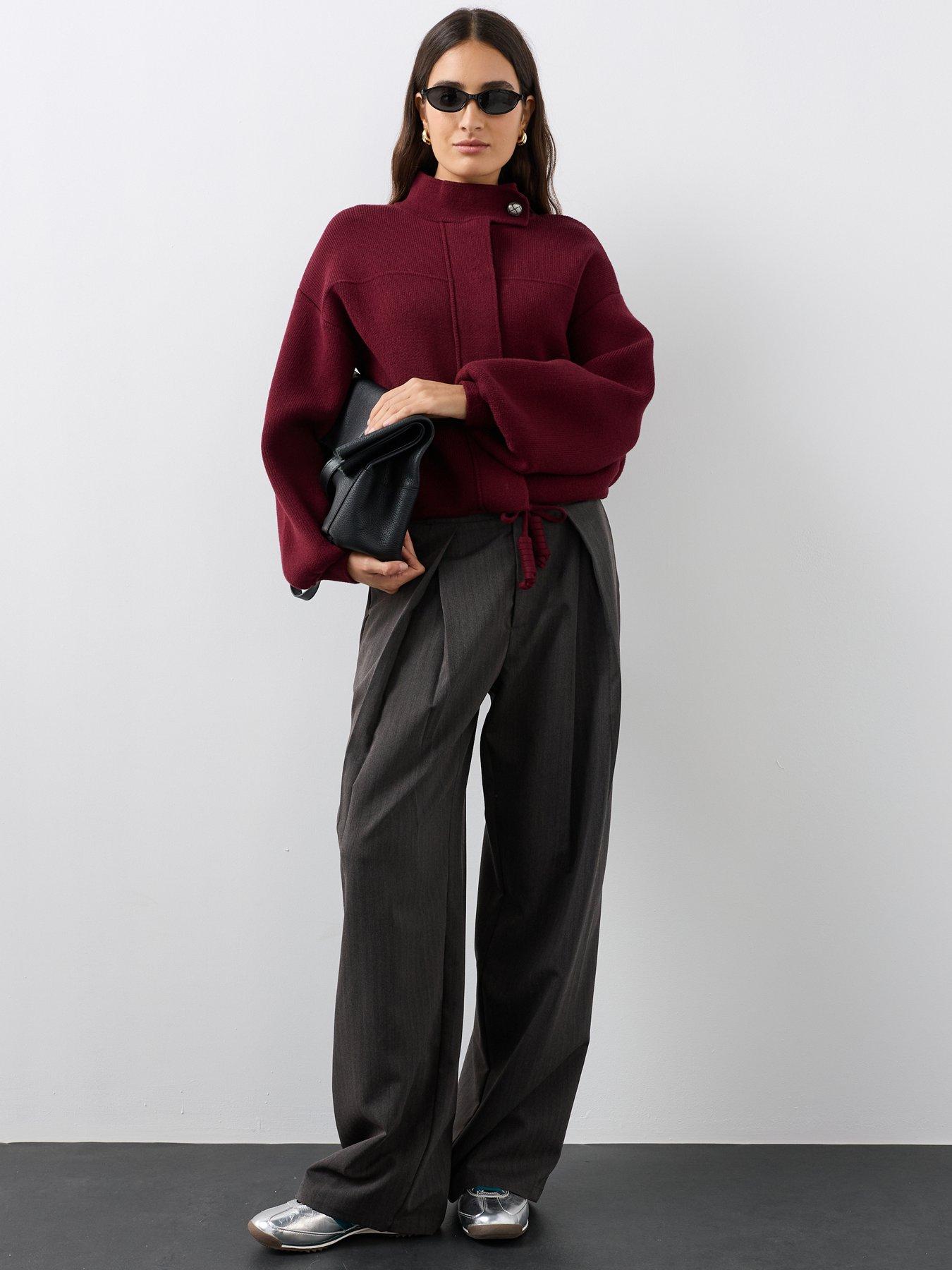 Image 3 of 6 of The Very Collection Funnel Neck Seam Detail Knitted Bomber Jacket - Burgundy