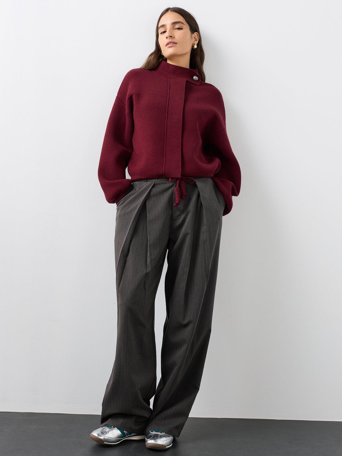 Image 4 of 6 of The Very Collection Funnel Neck Seam Detail Knitted Bomber Jacket - Burgundy