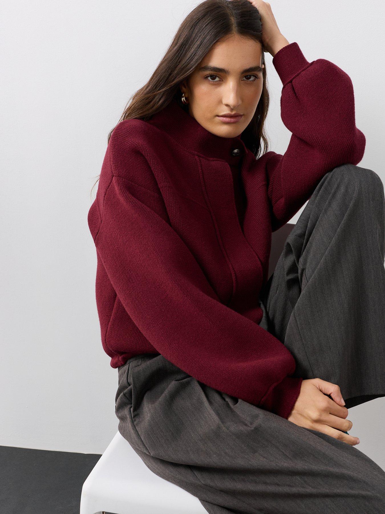 Image 5 of 6 of The Very Collection Funnel Neck Seam Detail Knitted Bomber Jacket - Burgundy