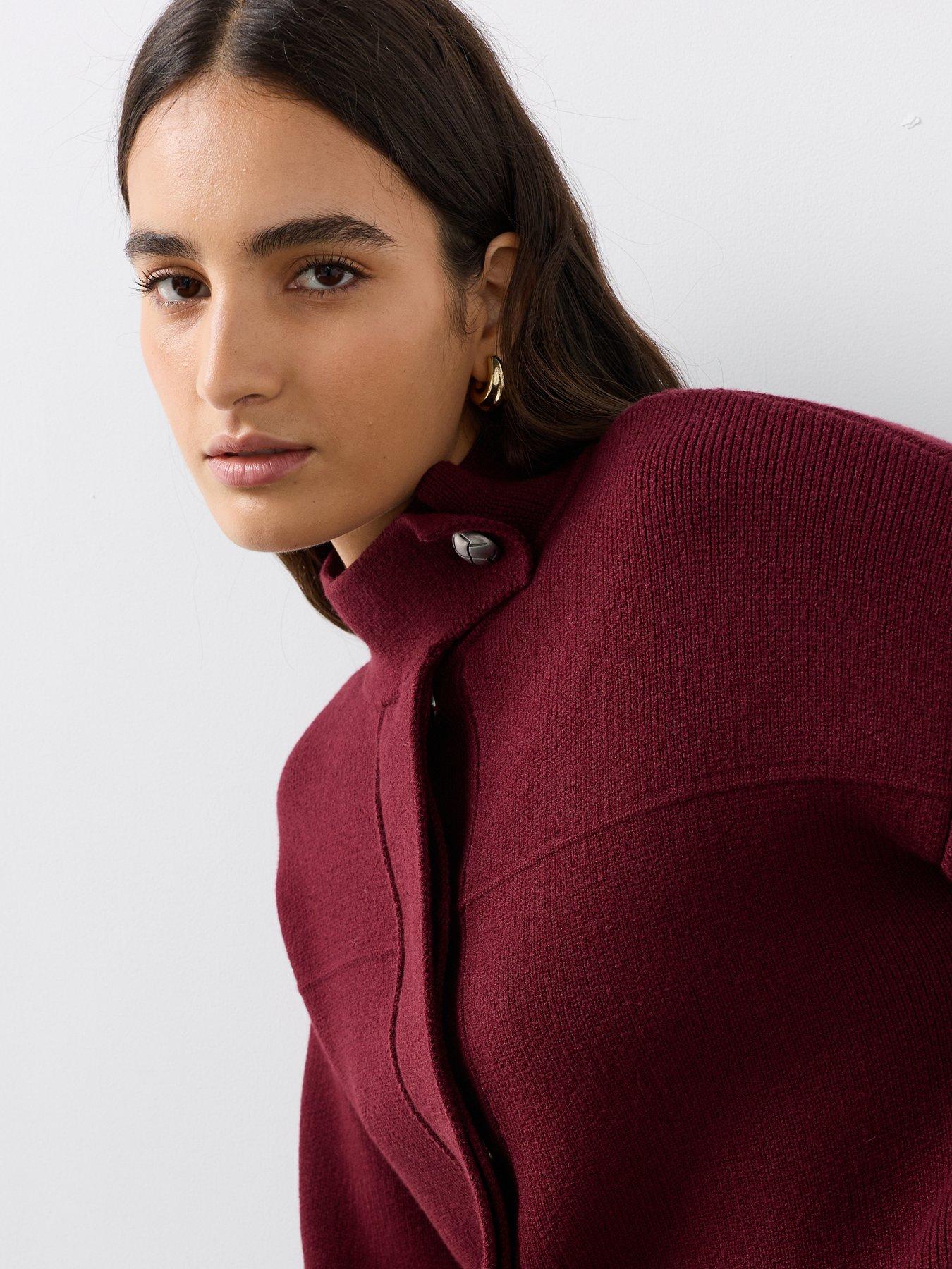 Image 6 of 6 of The Very Collection Funnel Neck Seam Detail Knitted Bomber Jacket - Burgundy