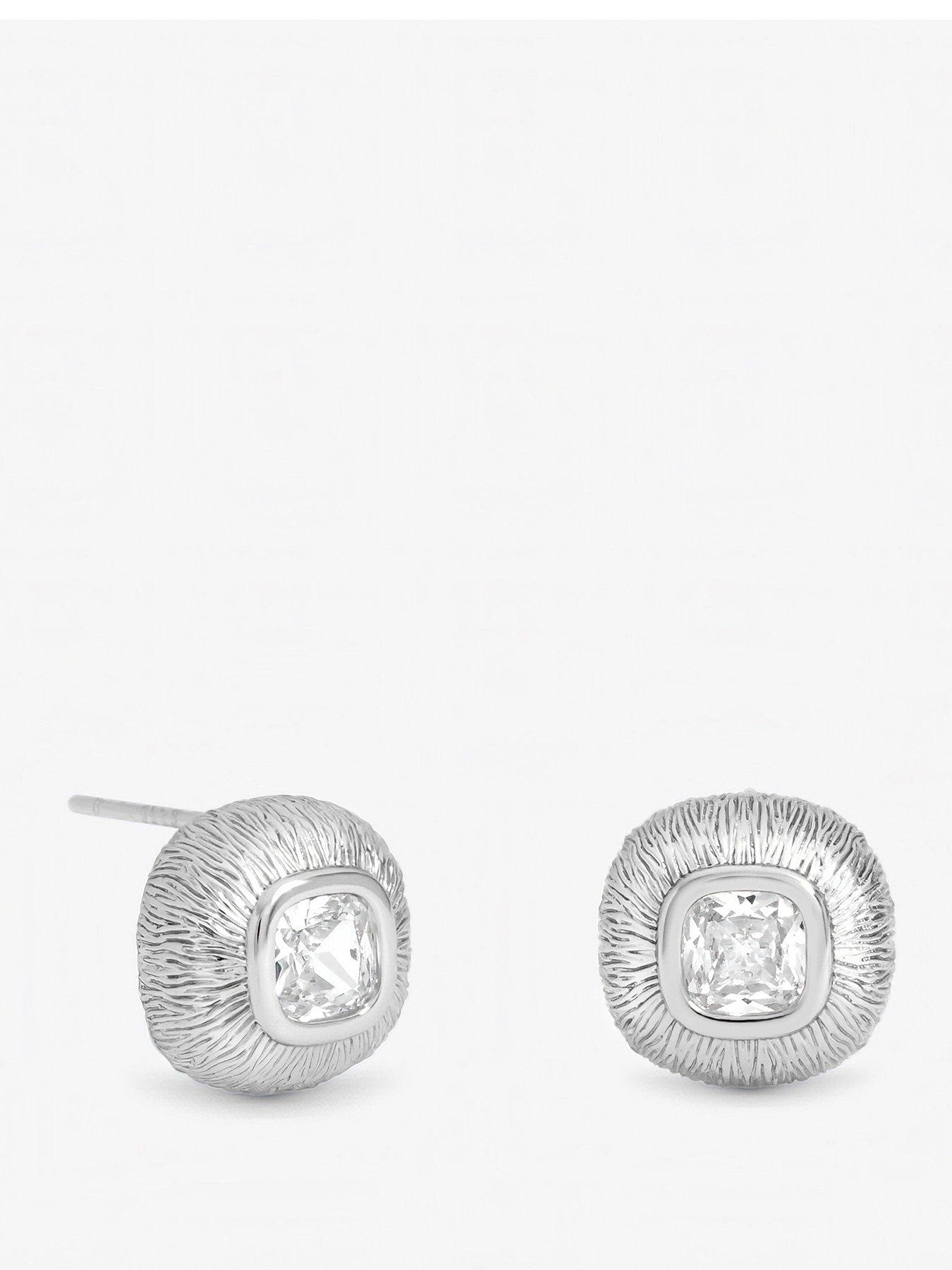 Inicio Sterling Silver Plated Satin Cubic Zirconia Bezel Set Studs - Gift Pouch