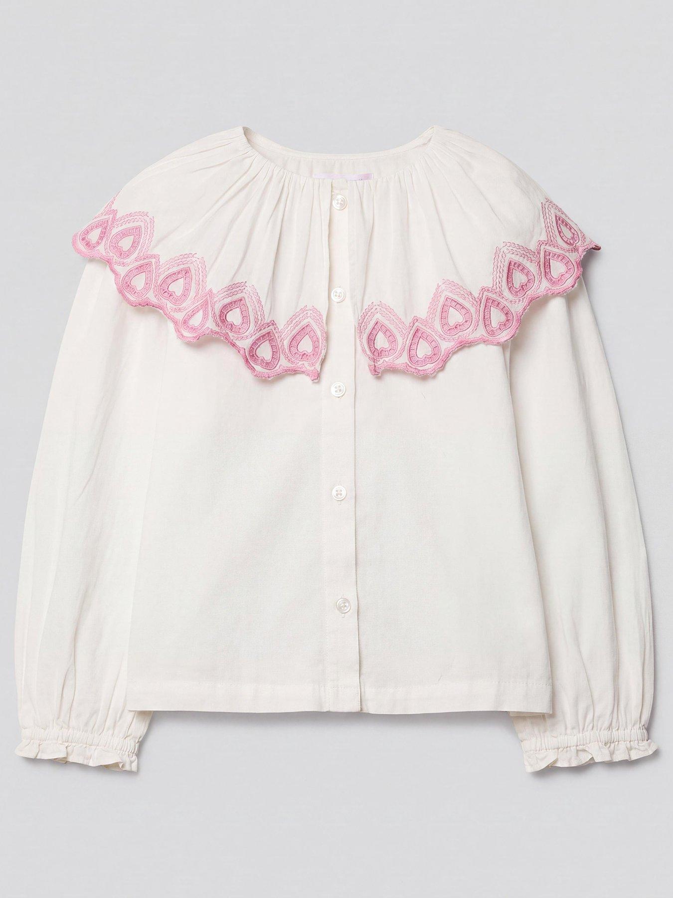 The Very Collection Girls Heart Embroidery Collar Shirt - Cream