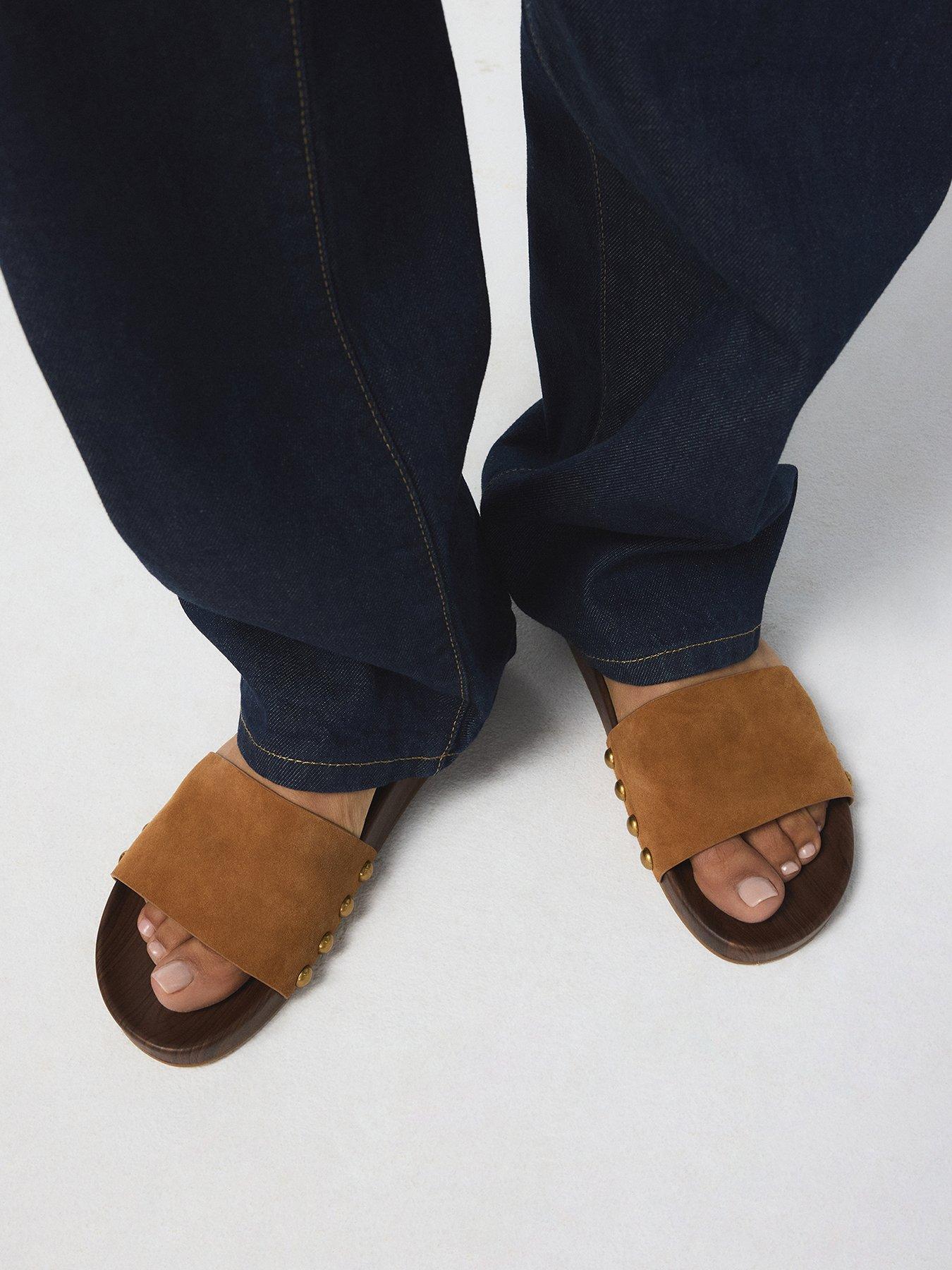 Image 1 of 6 of Aldo Rooted Leather Footbed Sandals - Light Brown