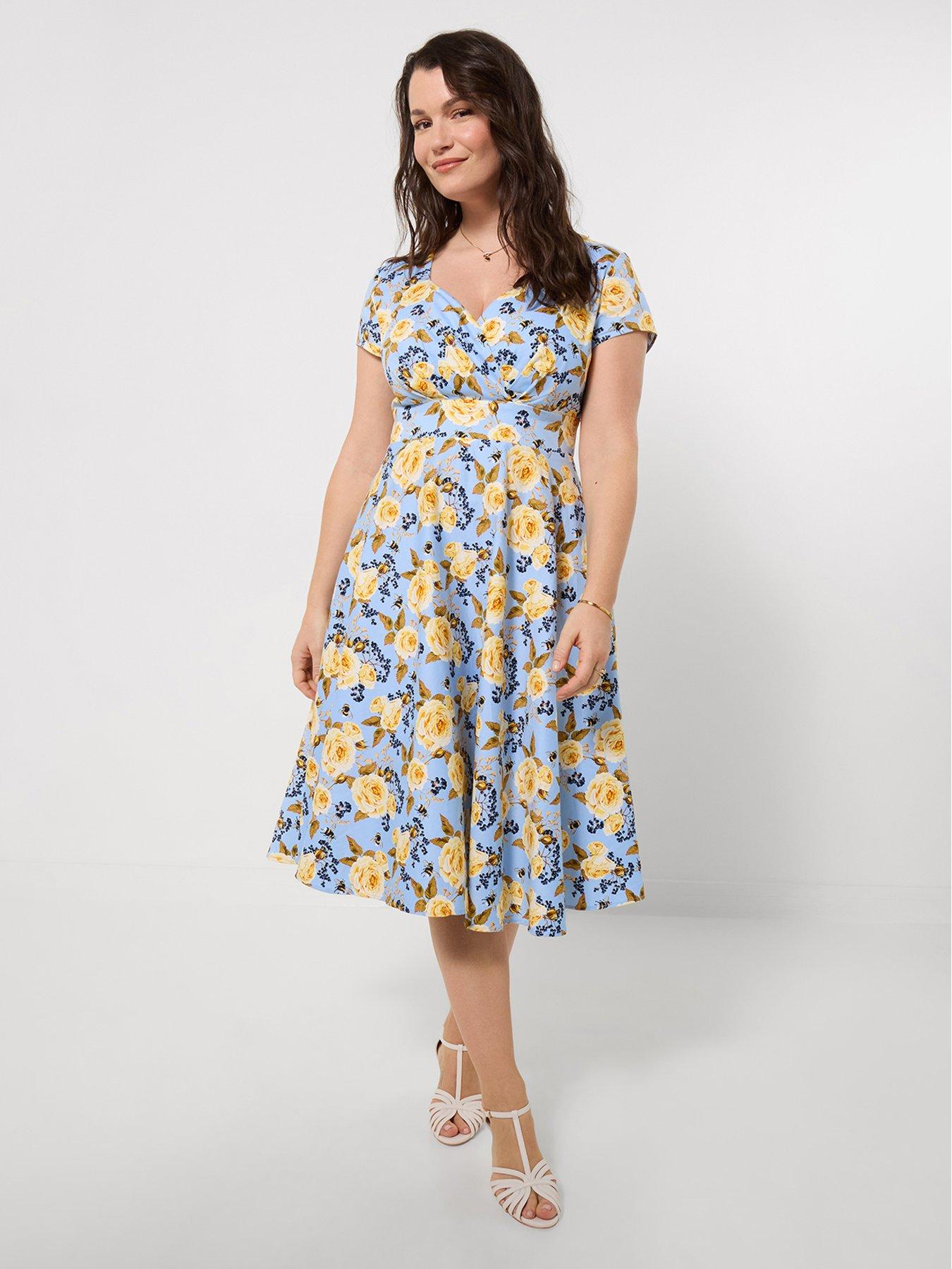 front image of joe-browns-botanical-bees-dress-blue