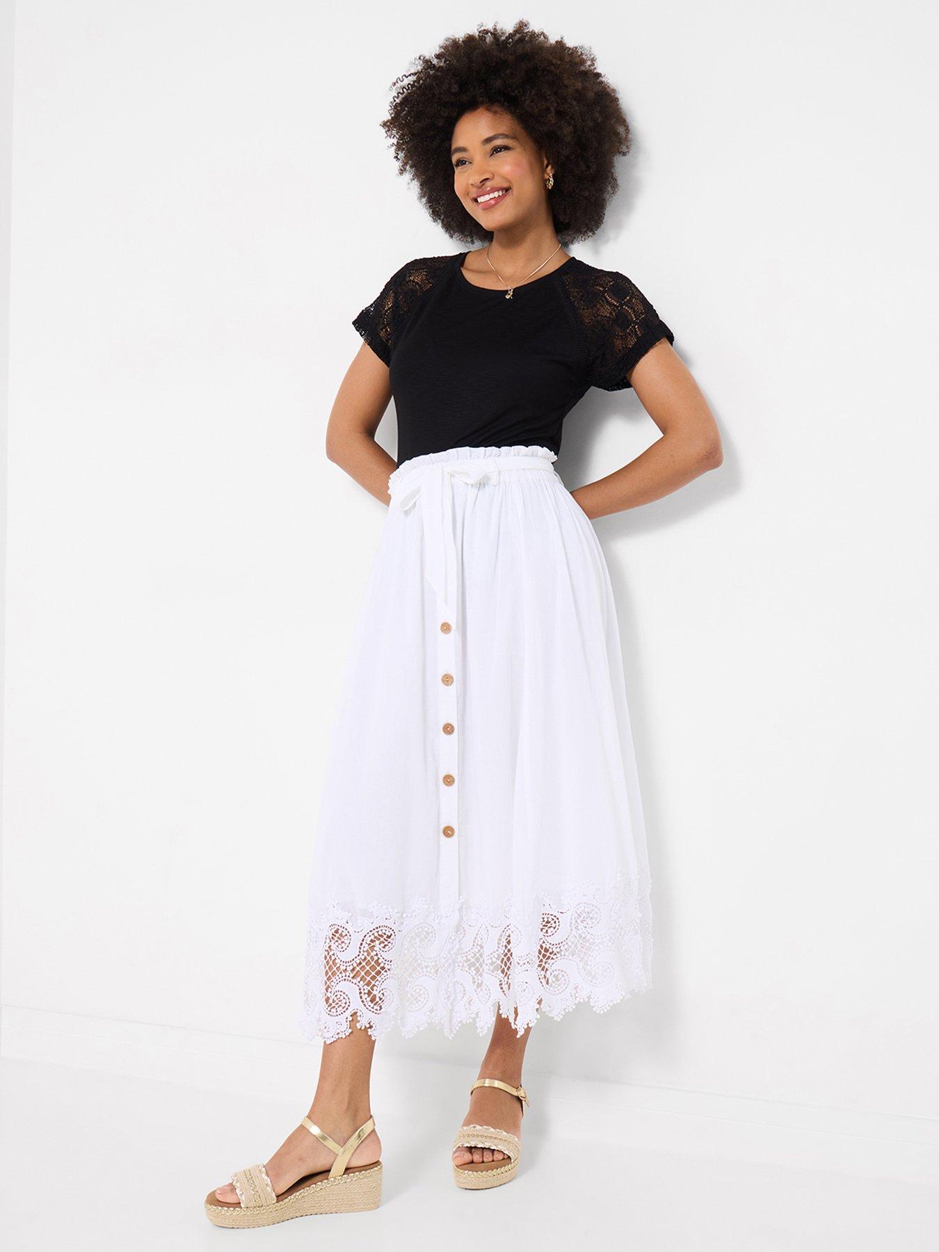 Joe Browns Beautiful Button Front Lace Trim Skirt - White