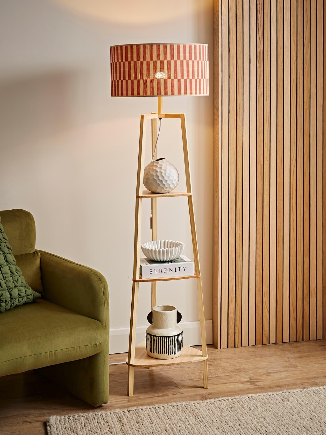 ValueLights Hiru Shelf Tripod Floor Lamp With Orange Checkerboard Bamboo Shade