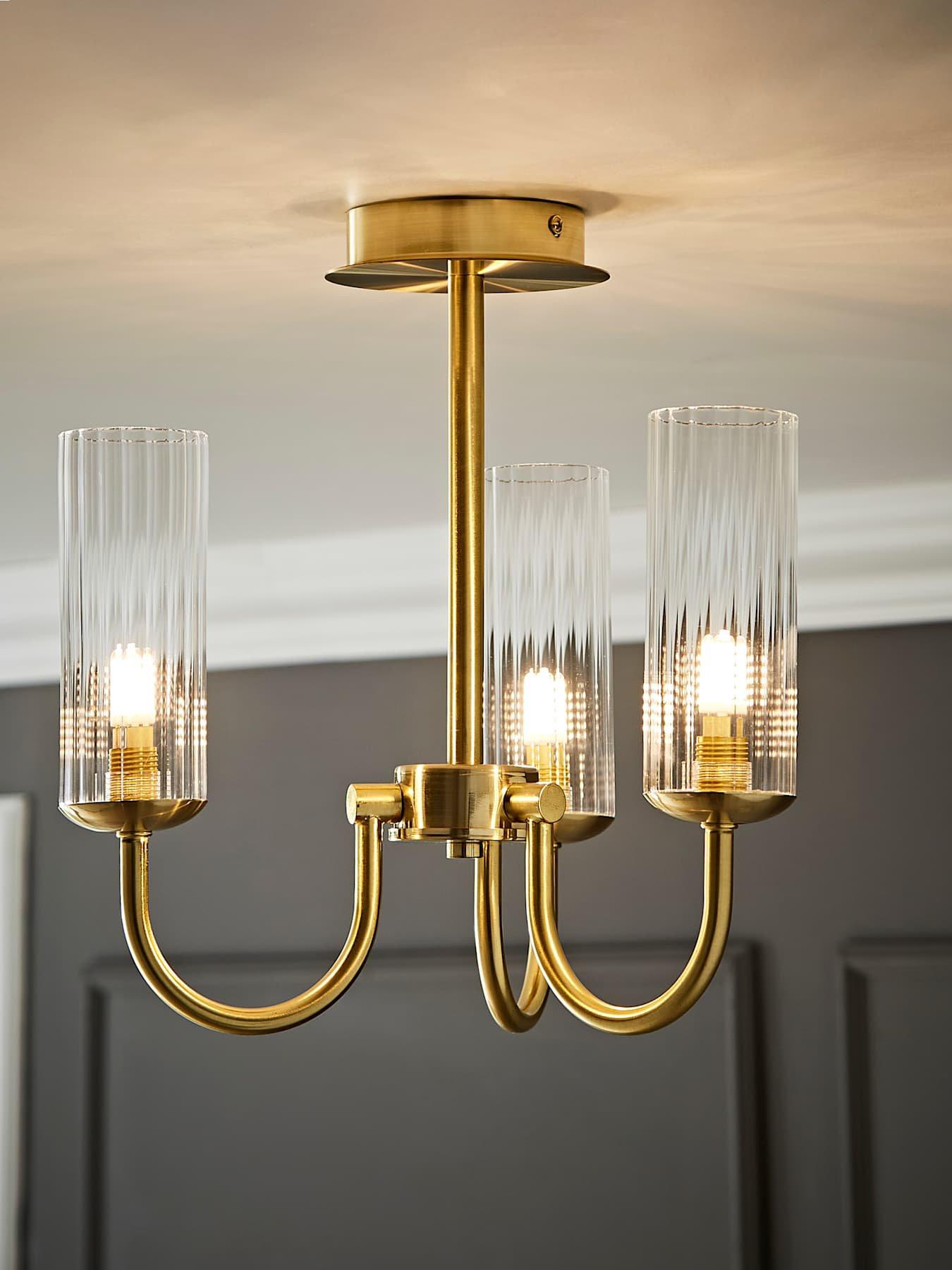 ValueLights Canya 3 Way Brushed Gold Ceiling Light Chandelier With Clear Ribbed Shades