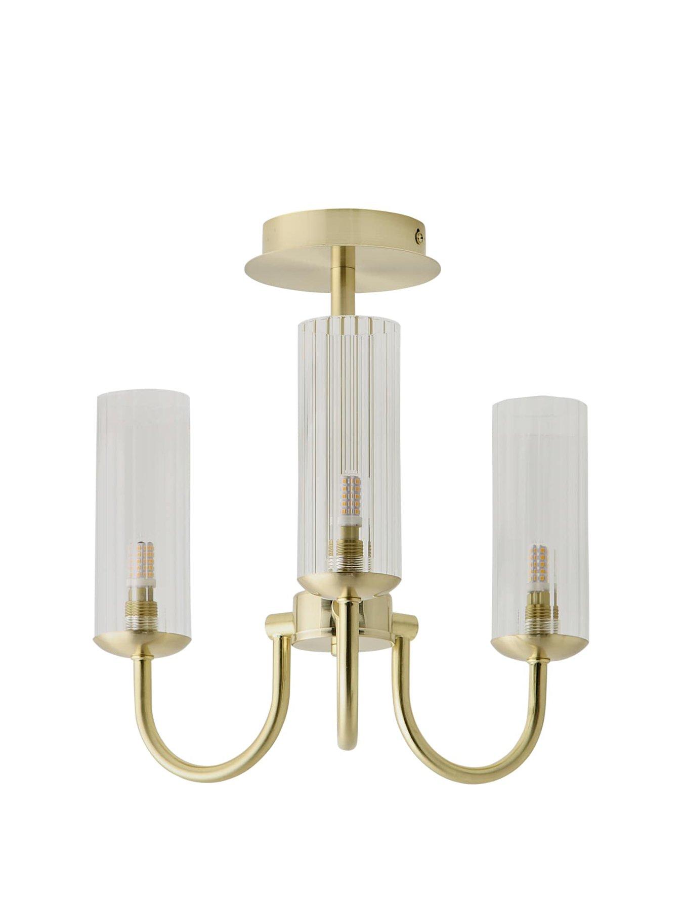 Image 2 of 6 of ValueLights Canya 3 Way Brushed Gold Ceiling Light Chandelier With Clear Ribbed Shades