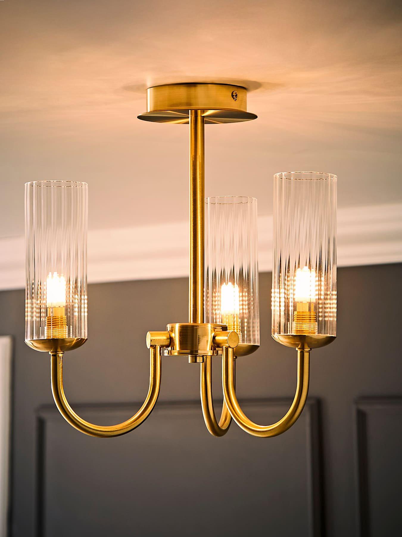 Image 5 of 6 of ValueLights Canya 3 Way Brushed Gold Ceiling Light Chandelier With Clear Ribbed Shades