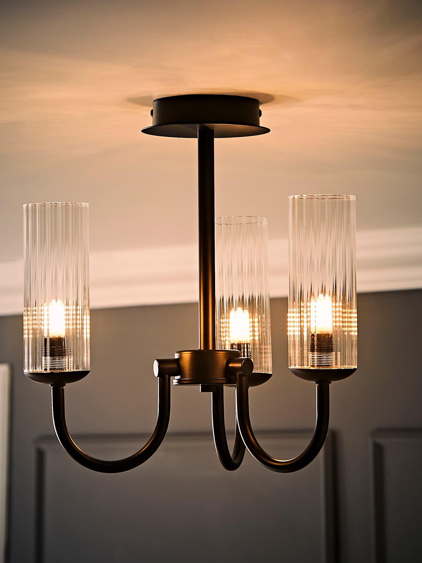  image of valuelights-canya-3-way-matte-black-ceiling-light-chandelier-with-clear-ribbed-shades