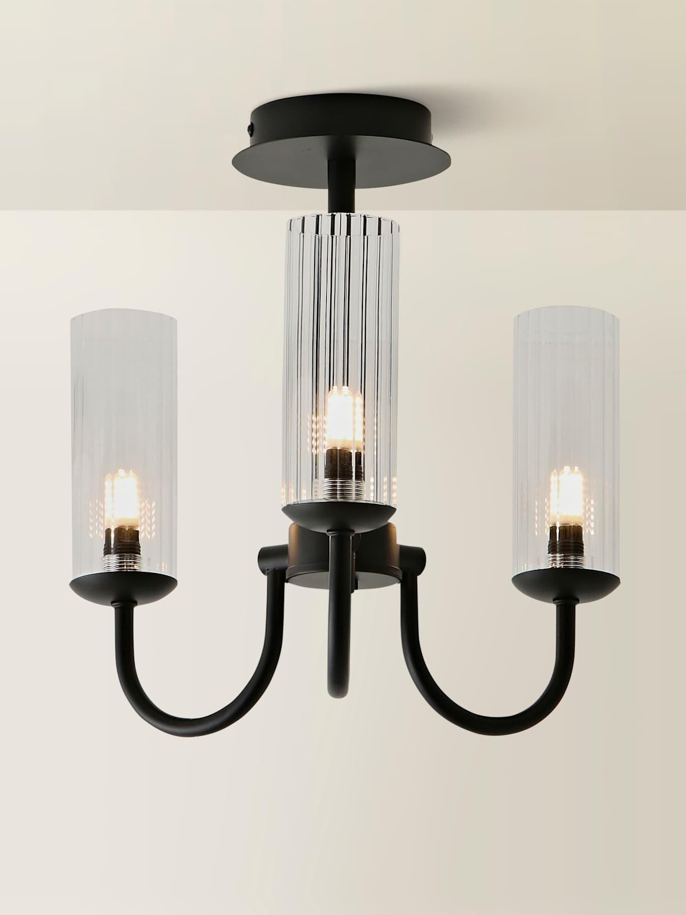  image of valuelights-canya-3-way-matte-black-ceiling-light-chandelier-with-clear-ribbed-shades