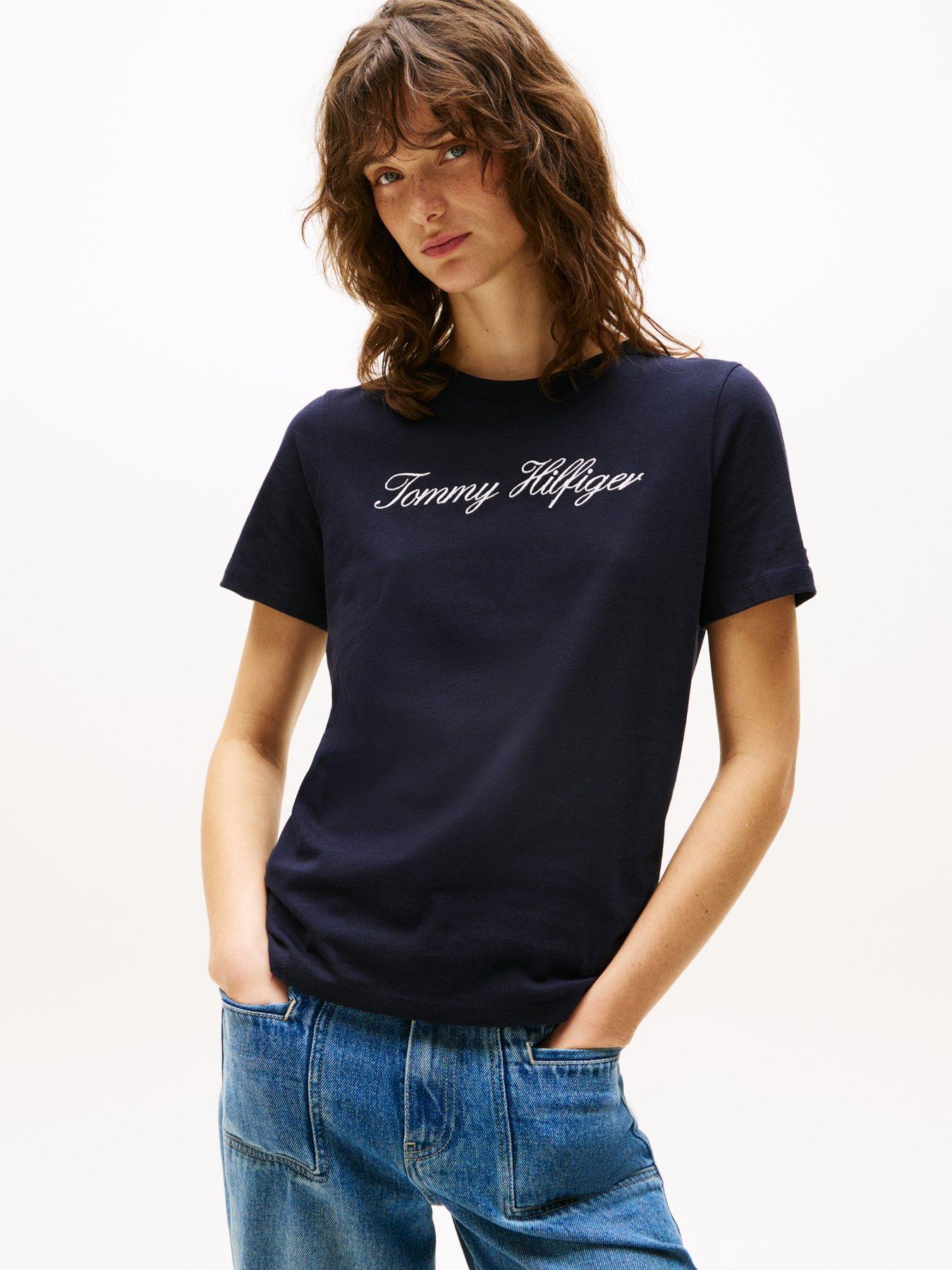 Image 1 of 5 of Tommy Hilfiger Regular Fit Script Logo T-Shirt - Navy