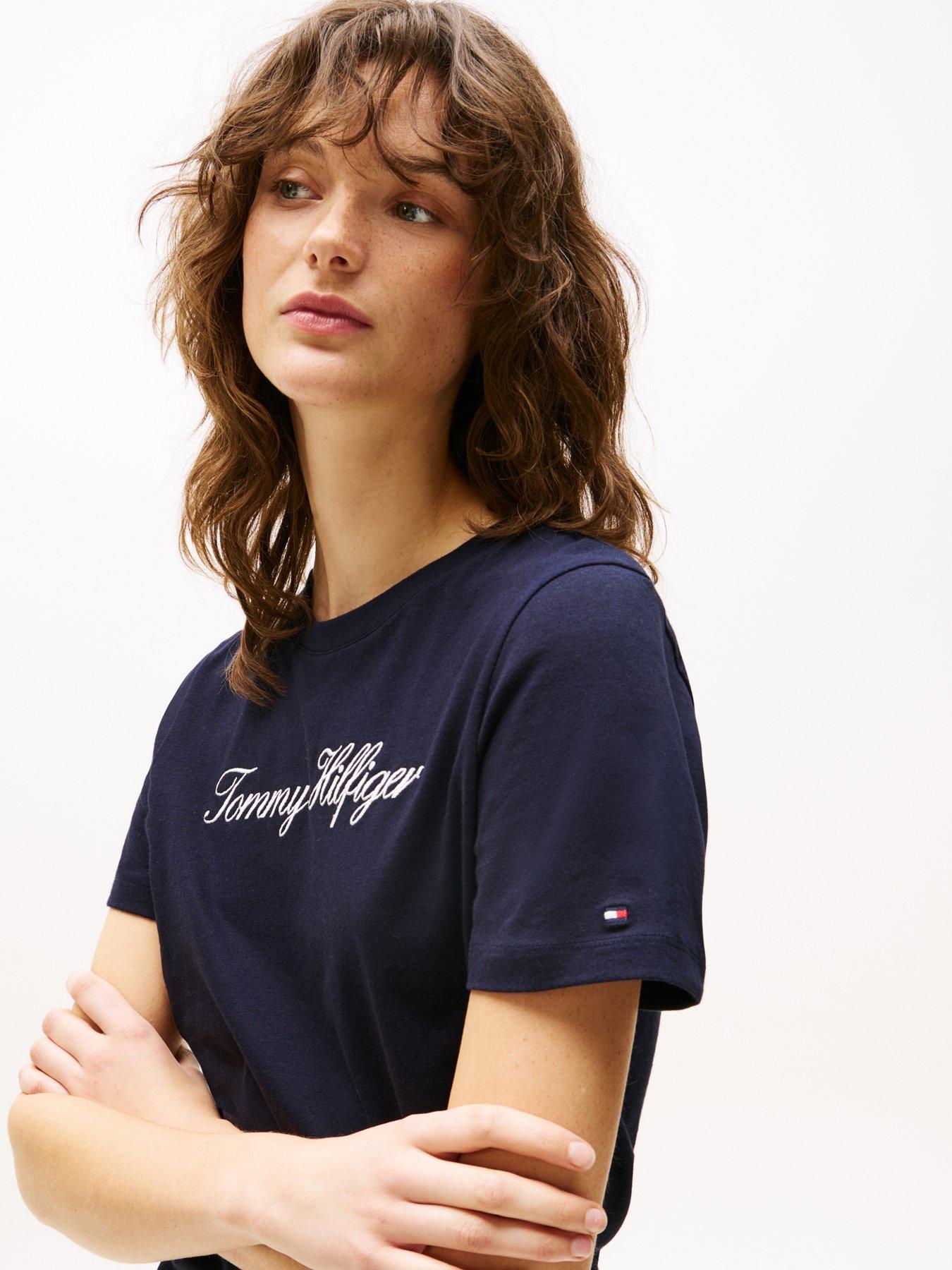Image 4 of 5 of Tommy Hilfiger Regular Fit Script Logo T-Shirt - Navy