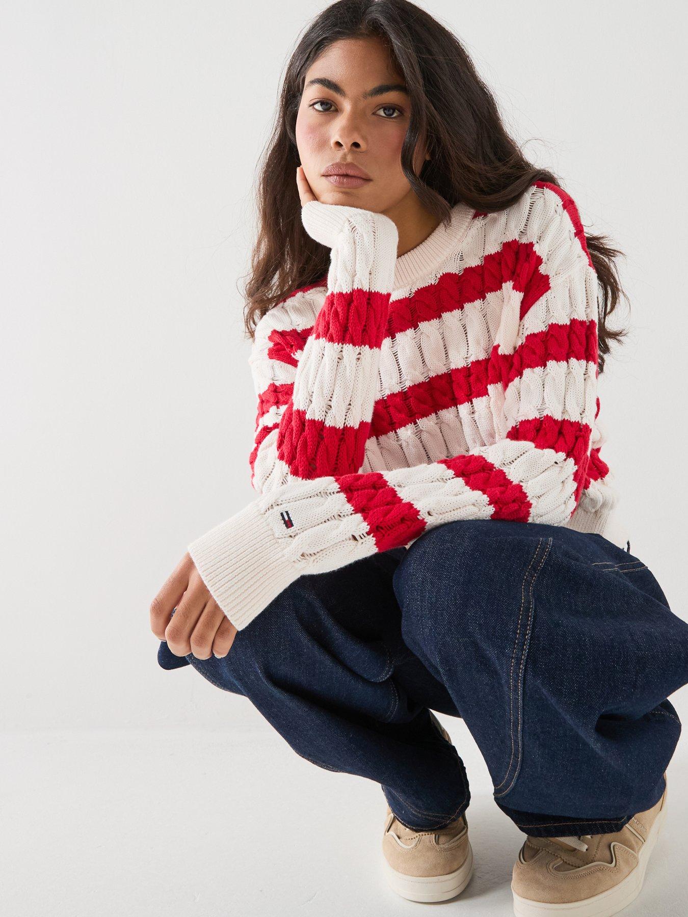 Tommy Jeans Fine Cable Knit Striped Jumper - Red
