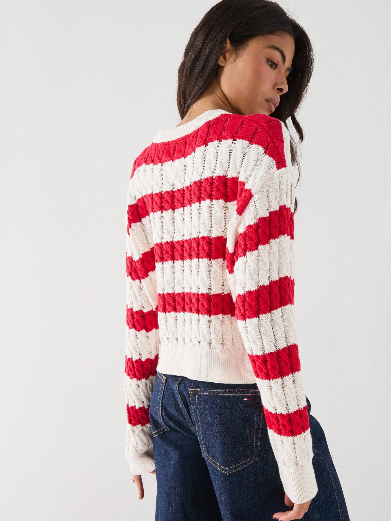 Image 2 of 6 of Tommy Jeans Fine Cable Knit Striped Jumper - Red