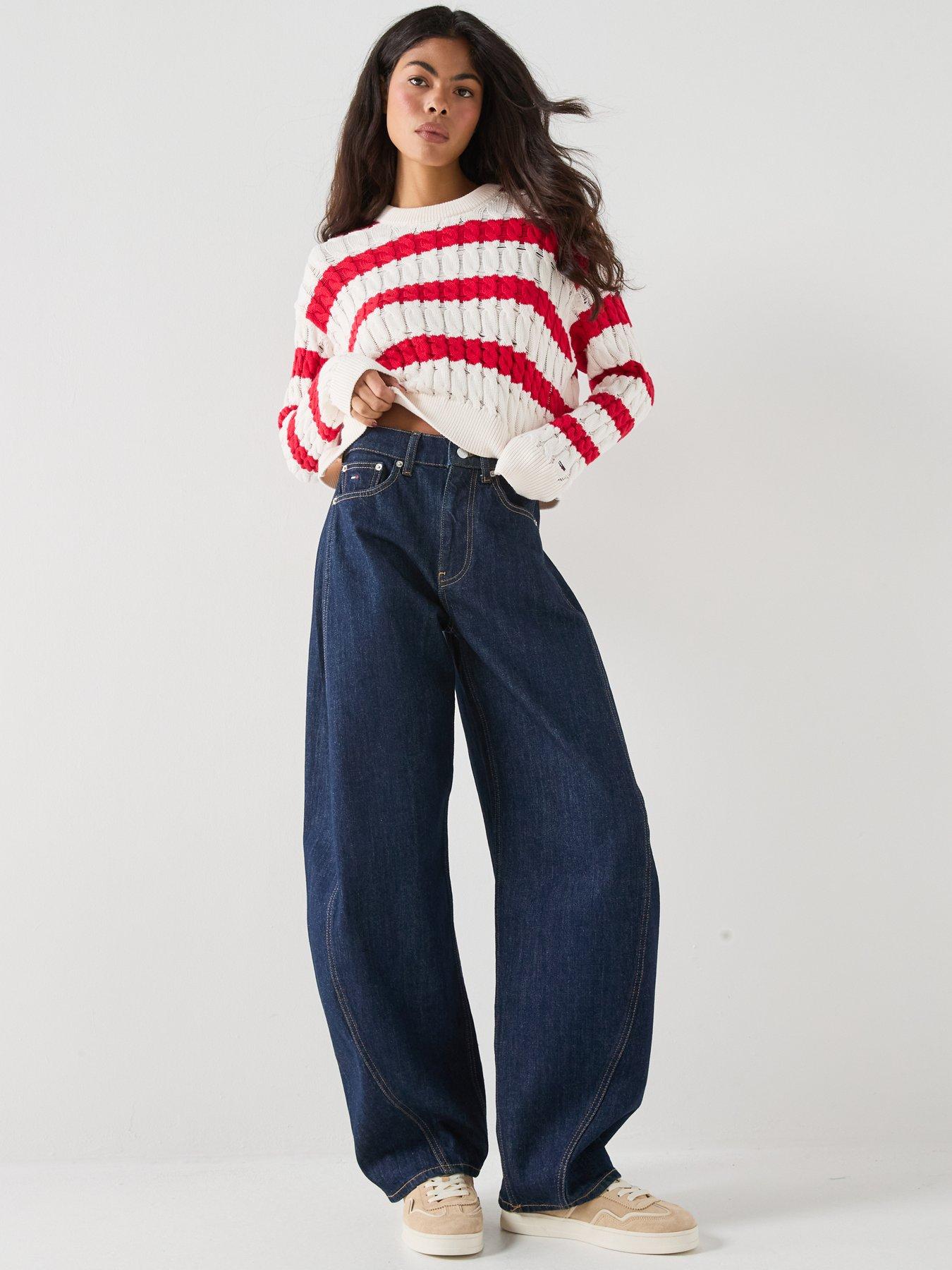 Image 3 of 6 of Tommy Jeans Fine Cable Knit Striped Jumper - Red