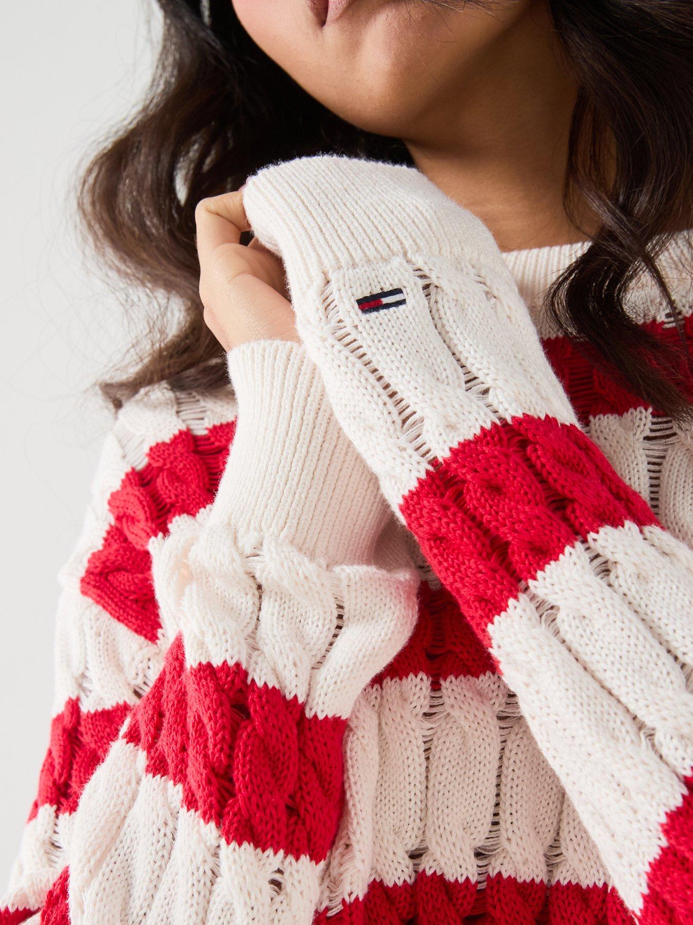 Image 4 of 6 of Tommy Jeans Fine Cable Knit Striped Jumper - Red