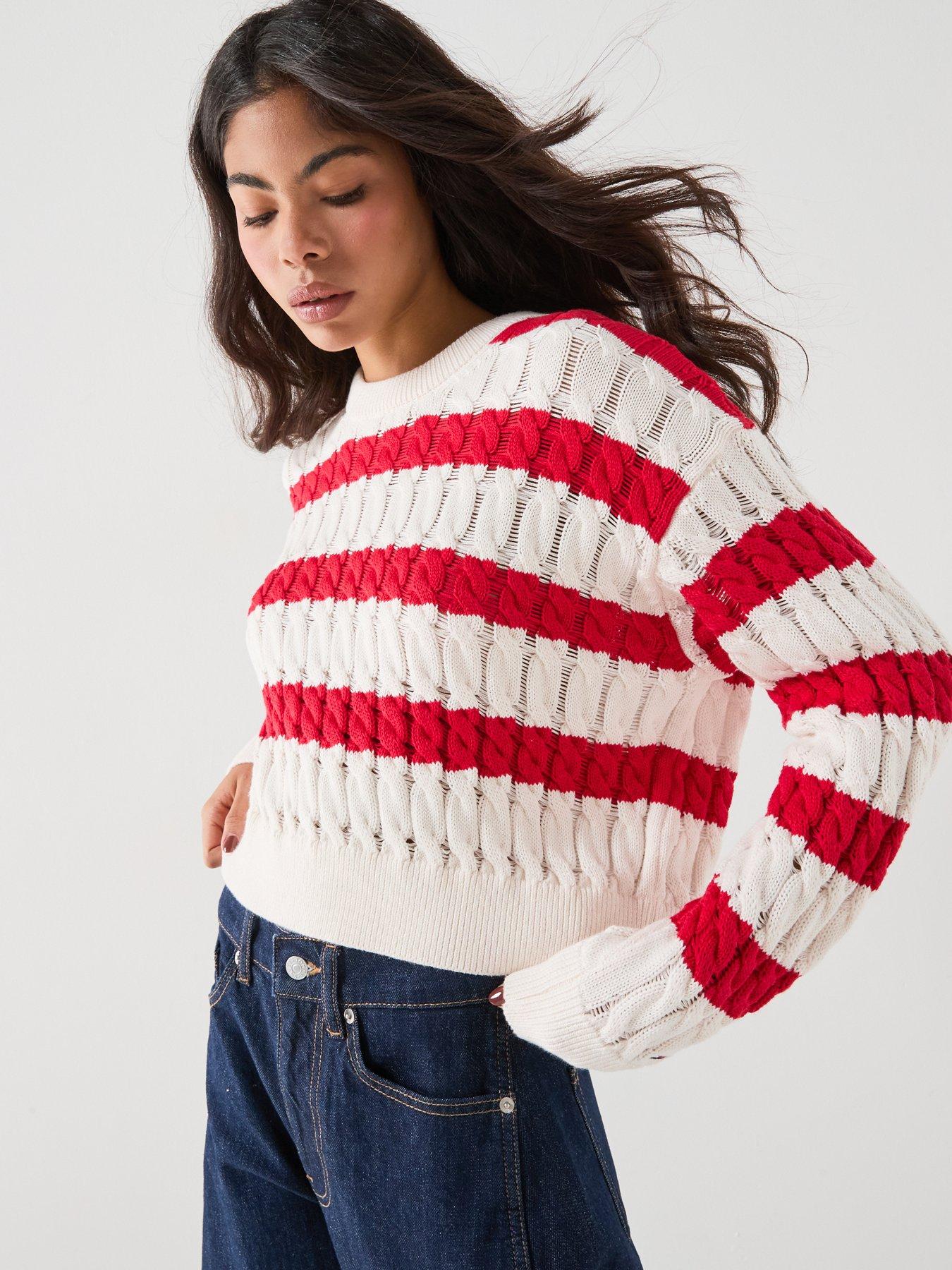 Image 5 of 6 of Tommy Jeans Fine Cable Knit Striped Jumper - Red