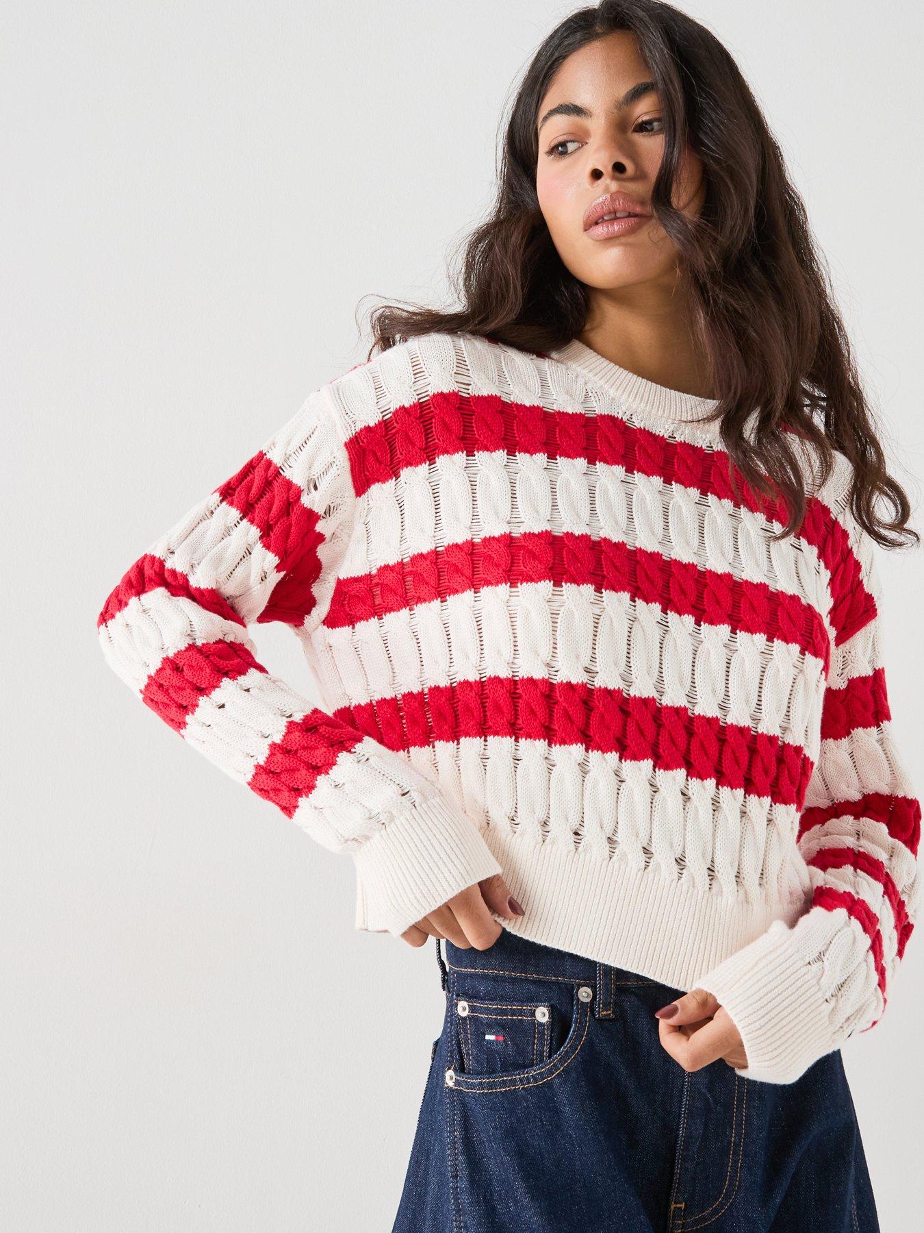 Image 6 of 6 of Tommy Jeans Fine Cable Knit Striped Jumper - Red