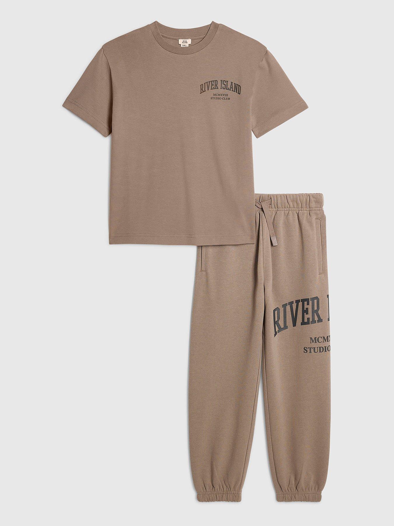 Image 1 of 5 of River Island Boys Brown Ri T-shirt And Joggers Set - Brown