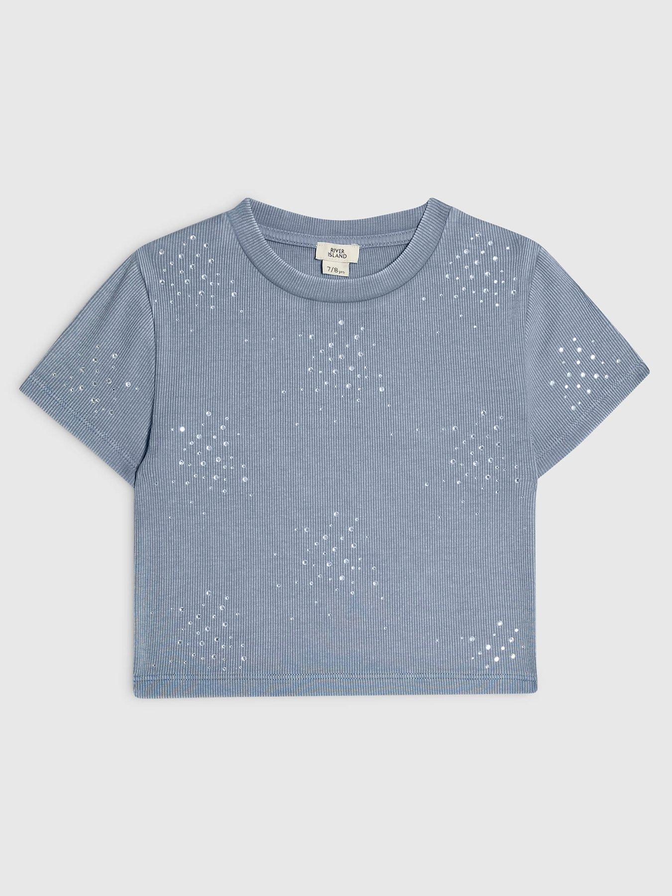 Image 1 of 4 of River Island Girls Scattered Embellished T-Shirt - Blue
