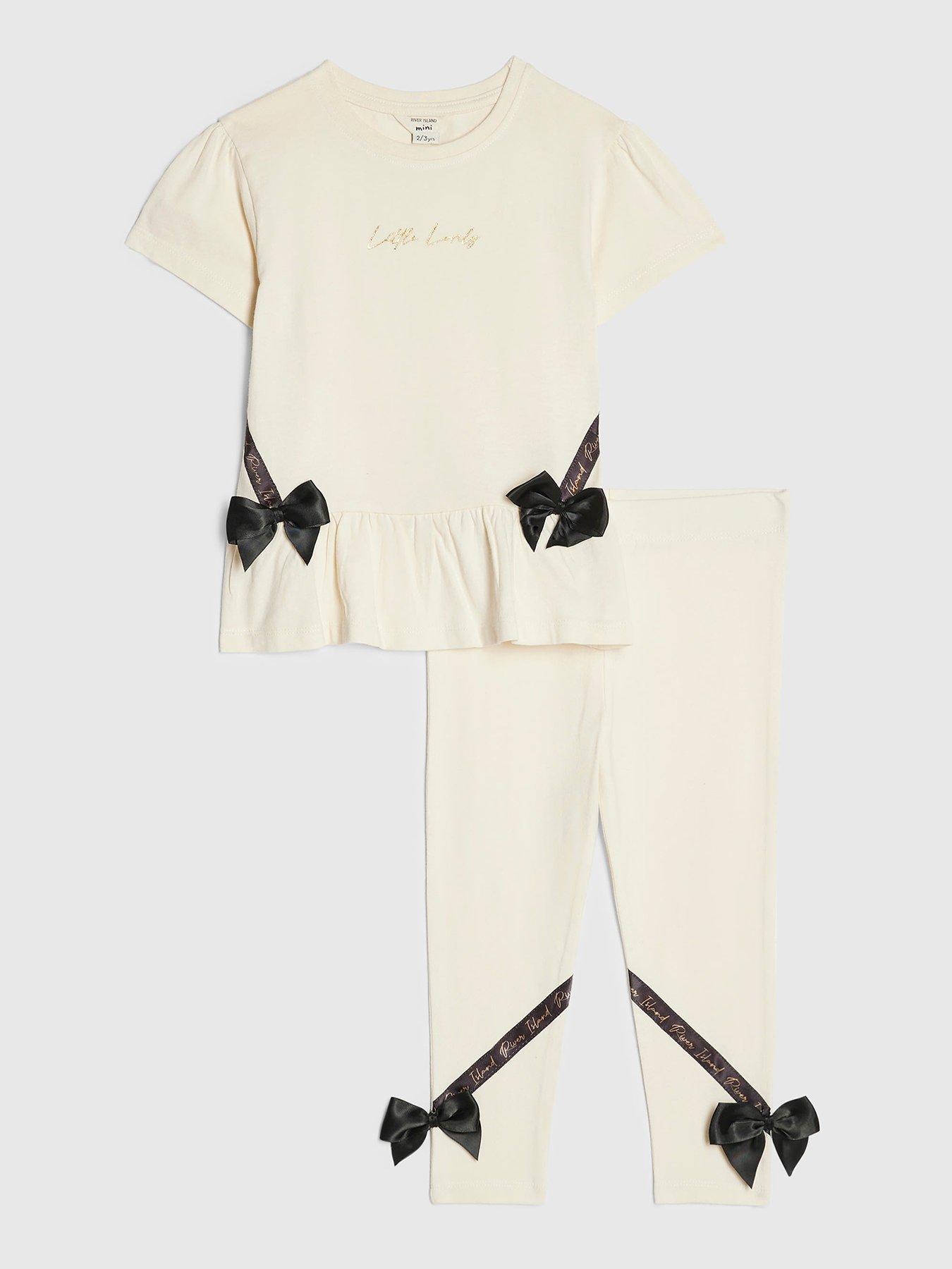 River Island Mini Girls Satin Bow T-Shirt Set - Cream