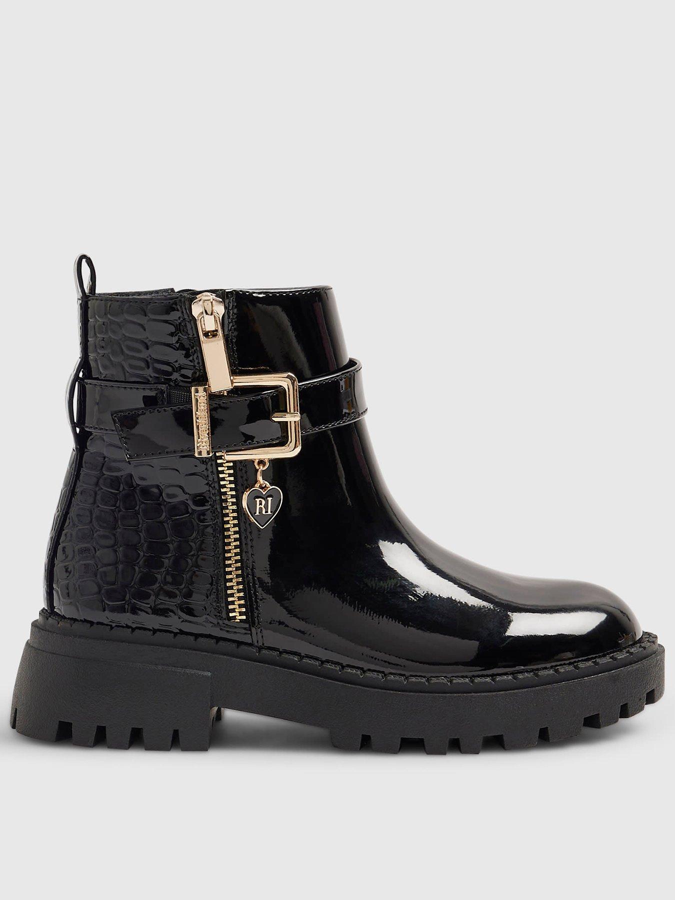 Image 1 of 5 of River Island Side Zip Croc Chelsea Boots - Black
