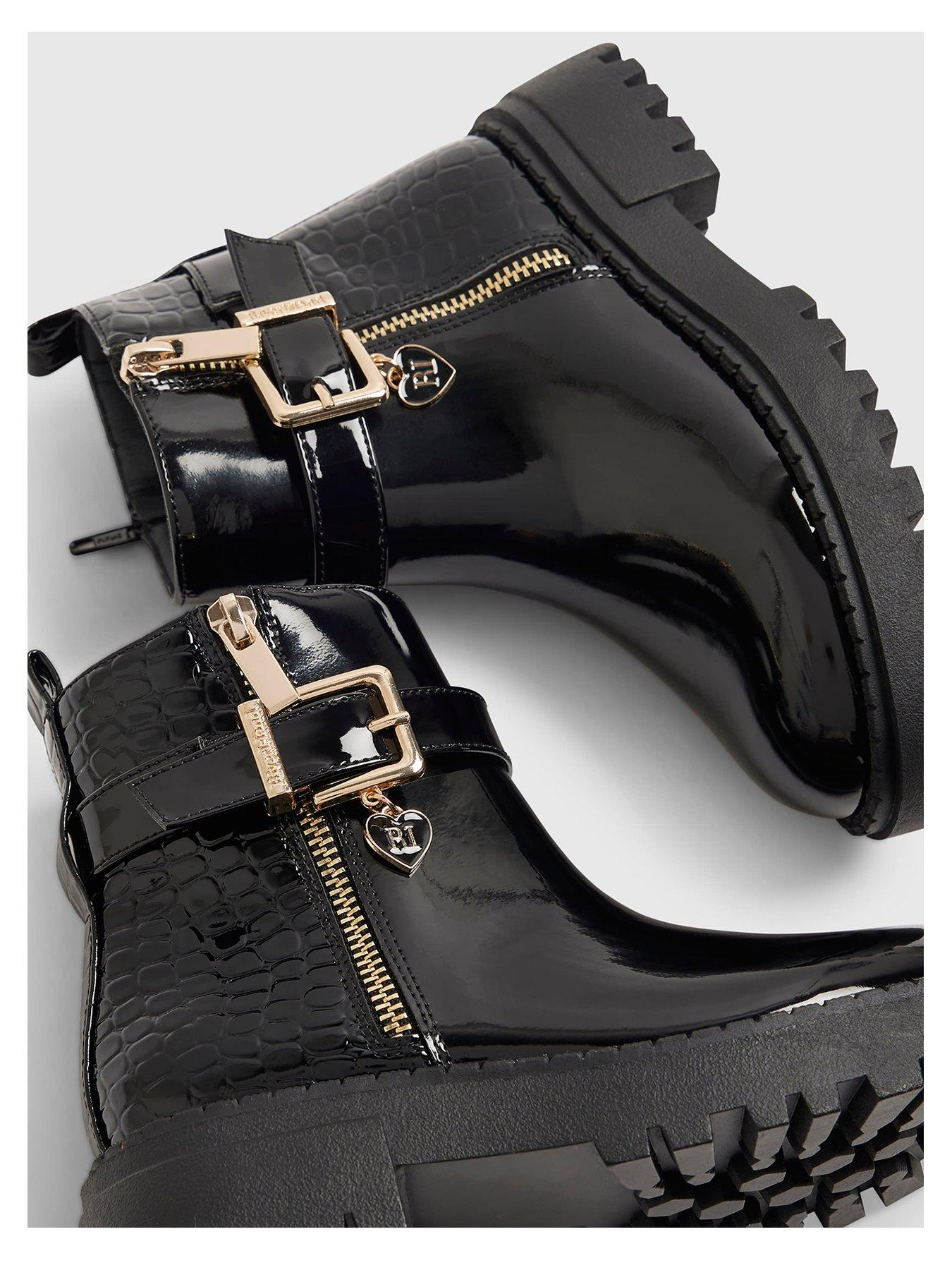 Image 4 of 5 of River Island Side Zip Croc Chelsea Boots - Black