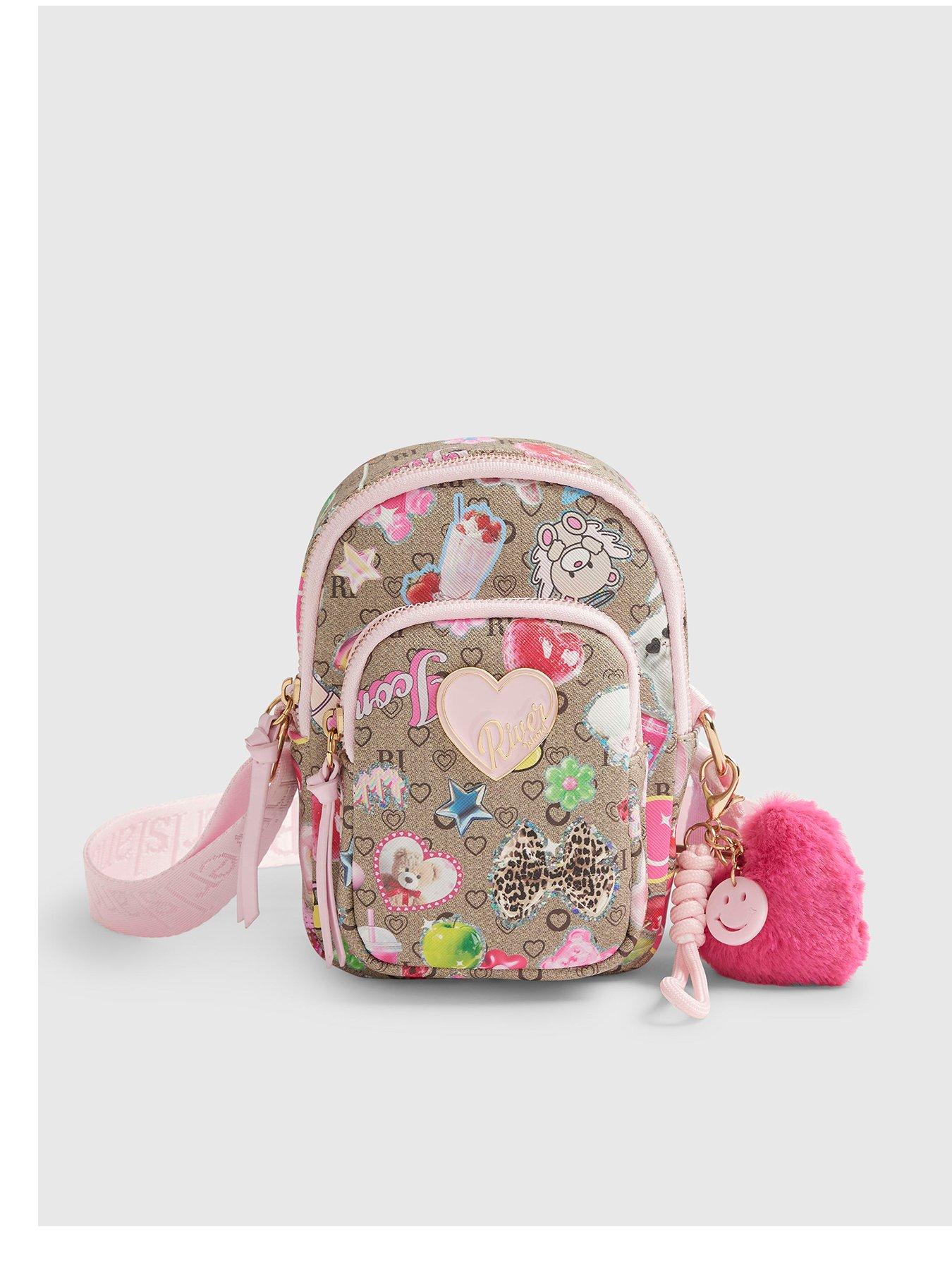 Image 1 of 4 of River Island Girls Monogram Sticker Cross Body Bag - Cream