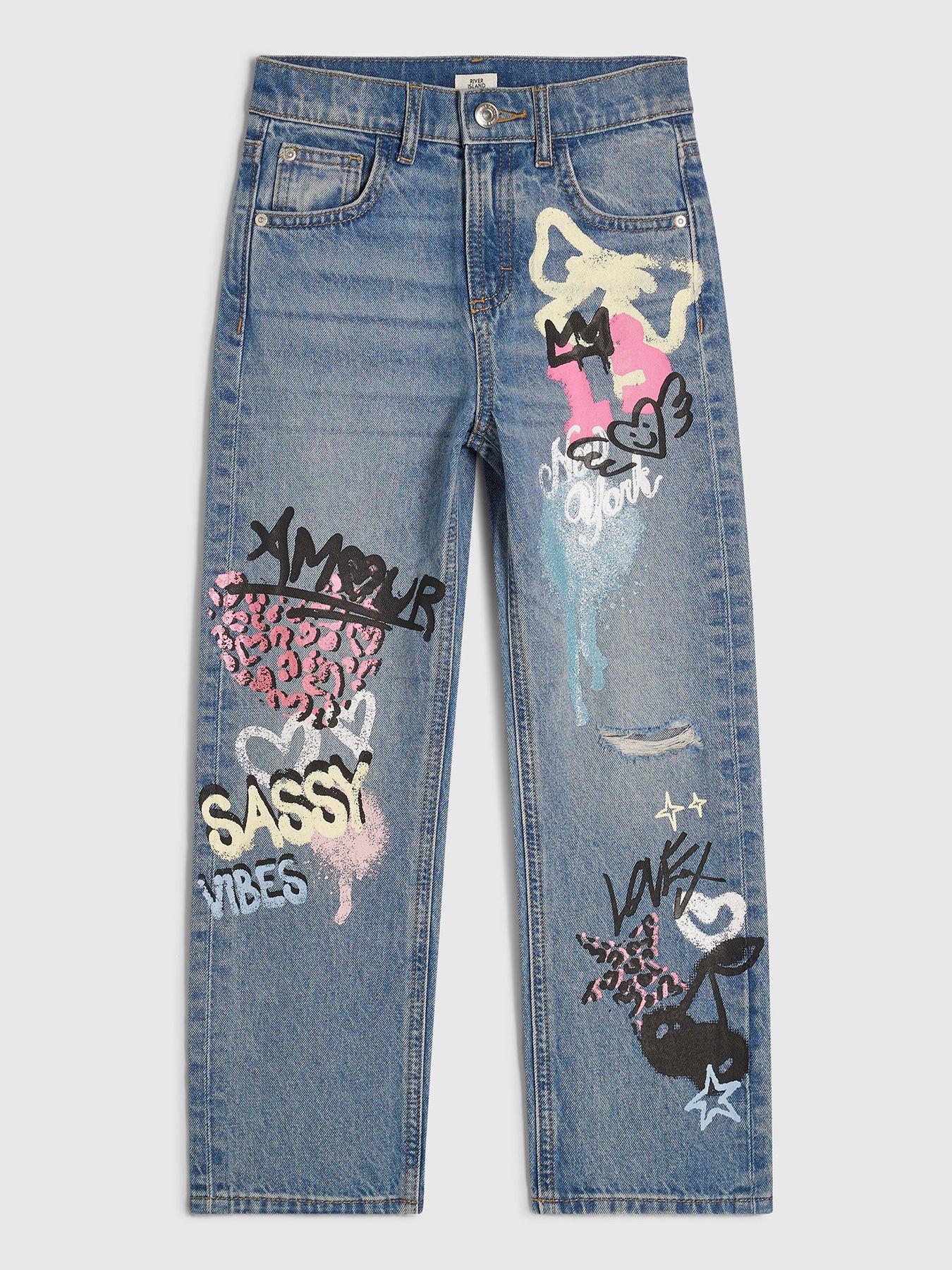 River Island Girls Amour Graffiti Straight Leg Jeans - Blue