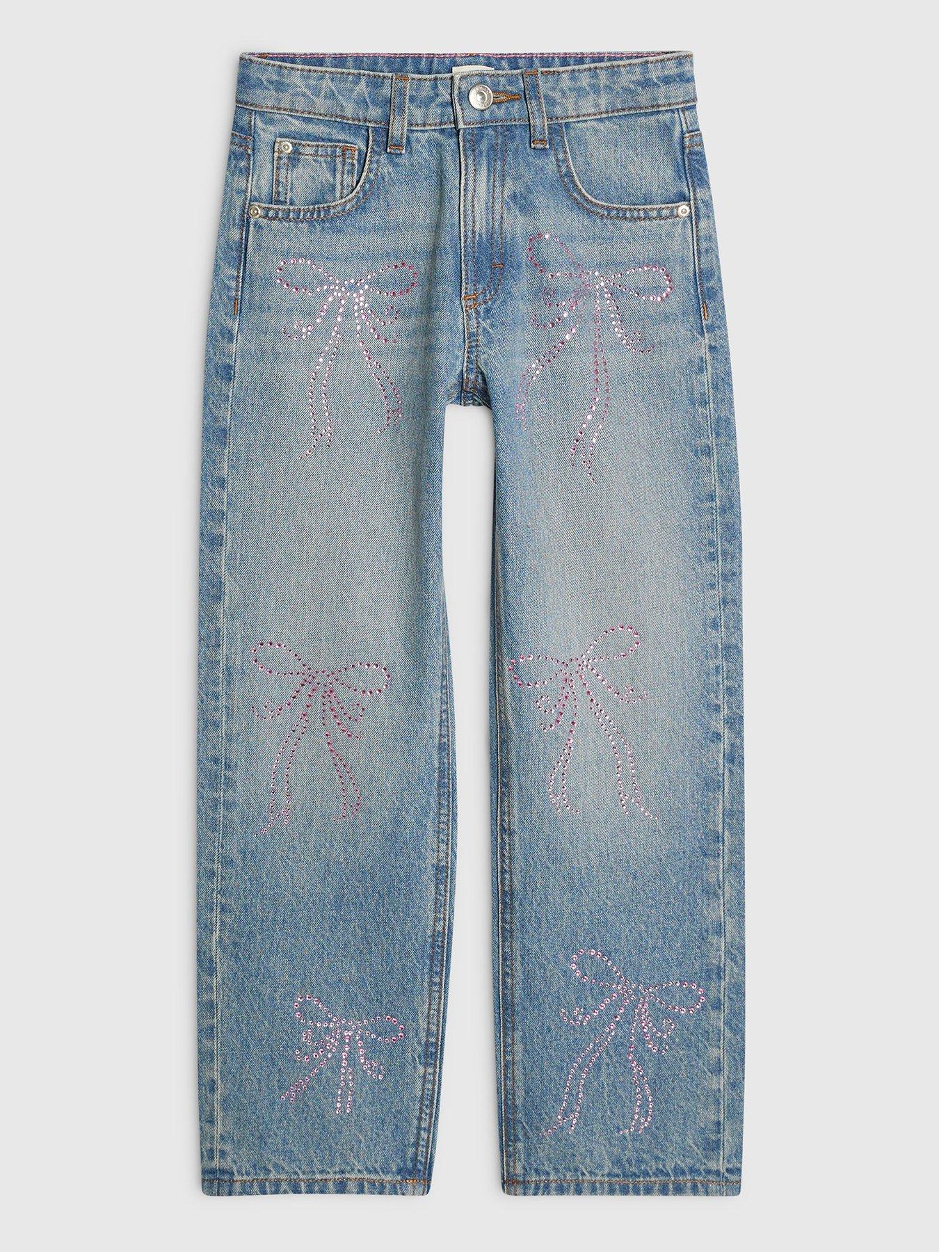 River Island Girls Bow Premium Straight Leg Jeans - Blue