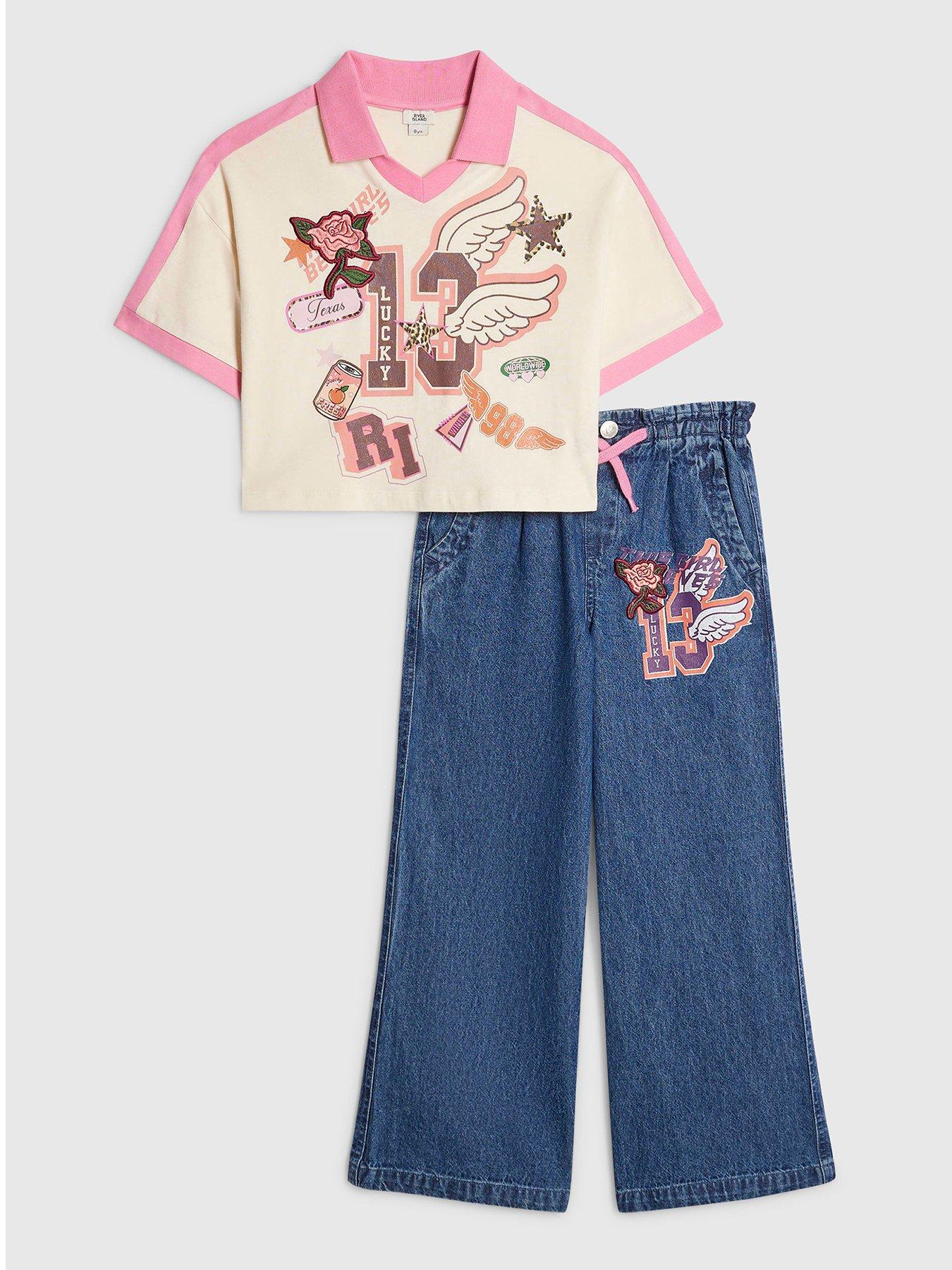 Image 1 of 5 of River Island Girls Collegiate Polo Top And Jeans Set - Pink