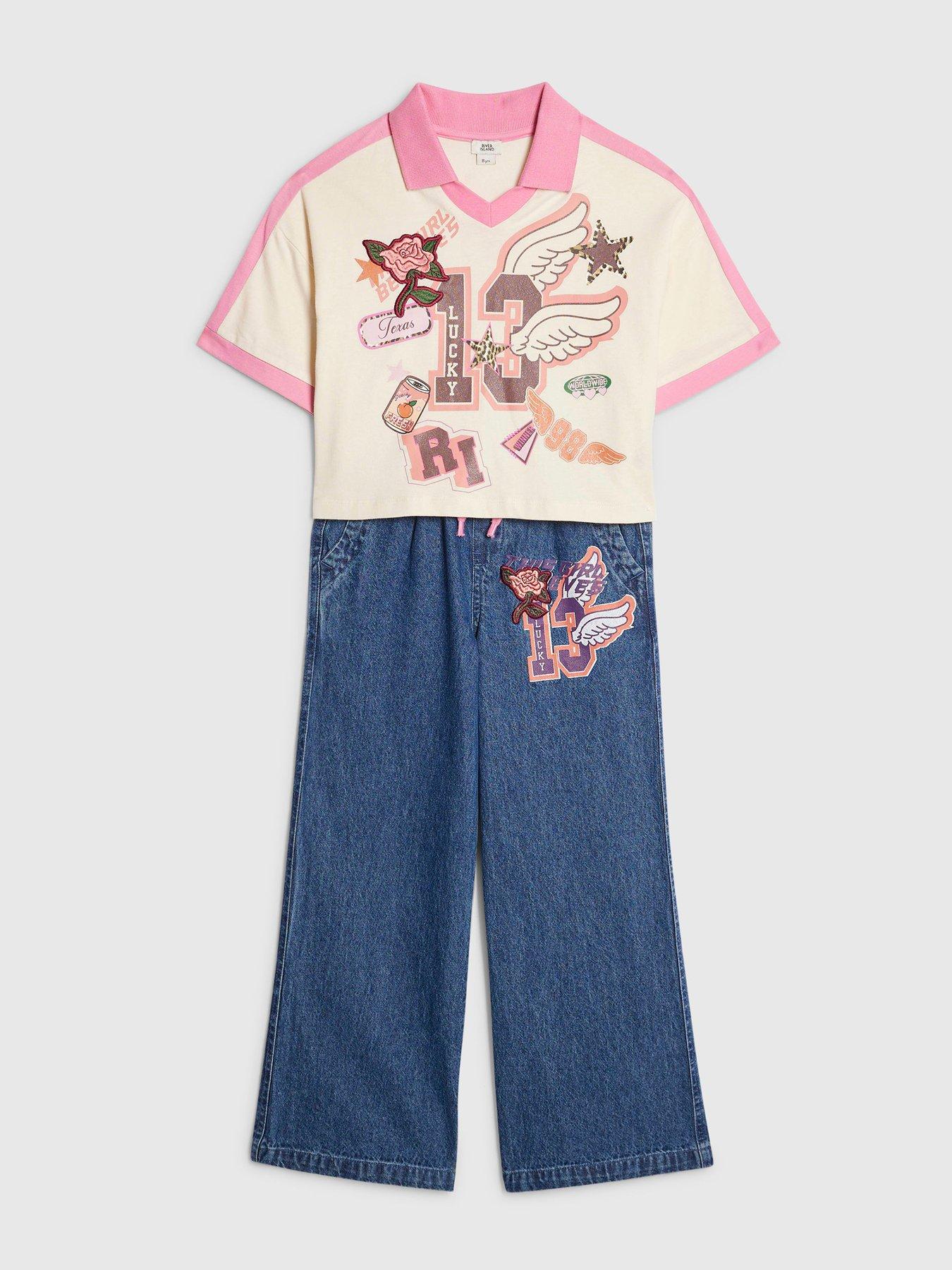 Image 3 of 5 of River Island Girls Collegiate Polo Top And Jeans Set - Pink