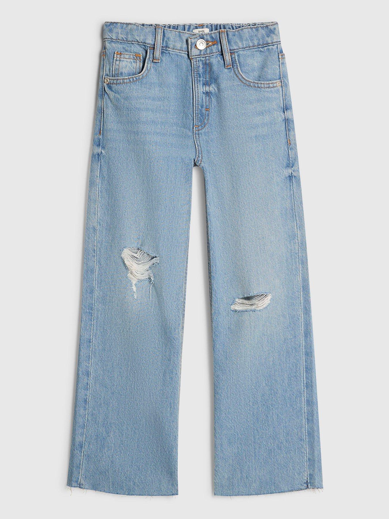 River Island Girls Ripped Straight Jeans - Blue