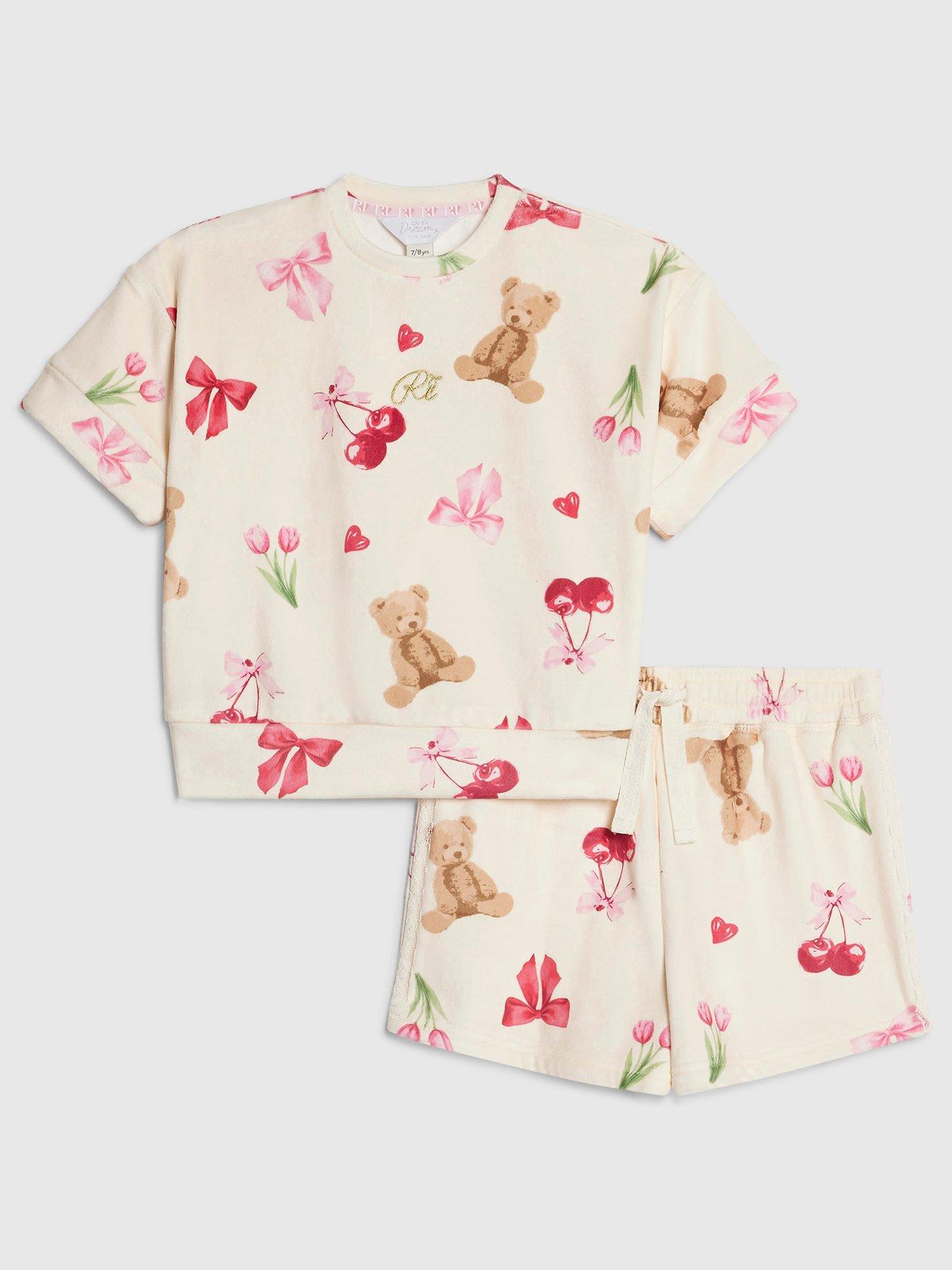 Image 1 of 5 of River Island Girls Velour Bear Print Pyjamas Set - Cream