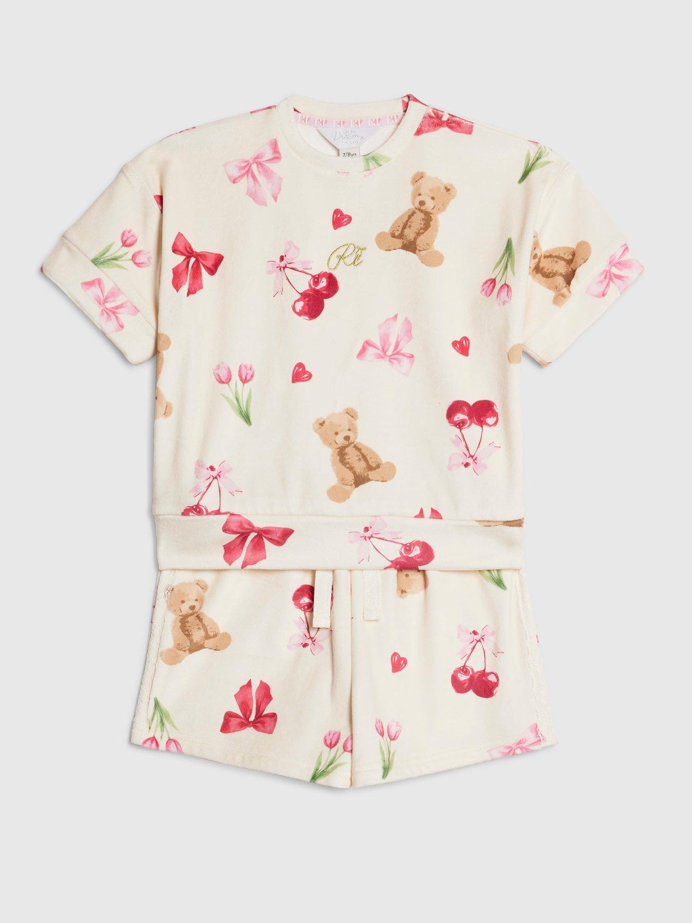 Image 3 of 5 of River Island Girls Velour Bear Print Pyjamas Set - Cream