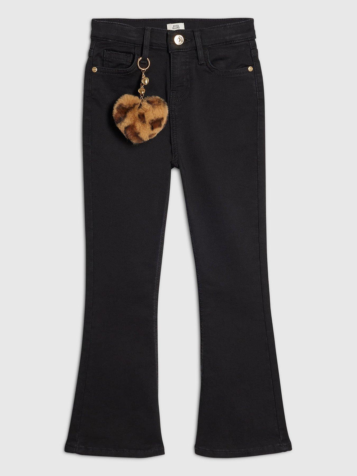 River Island Girls Flared Jeans with Leopard Print Heart - Black