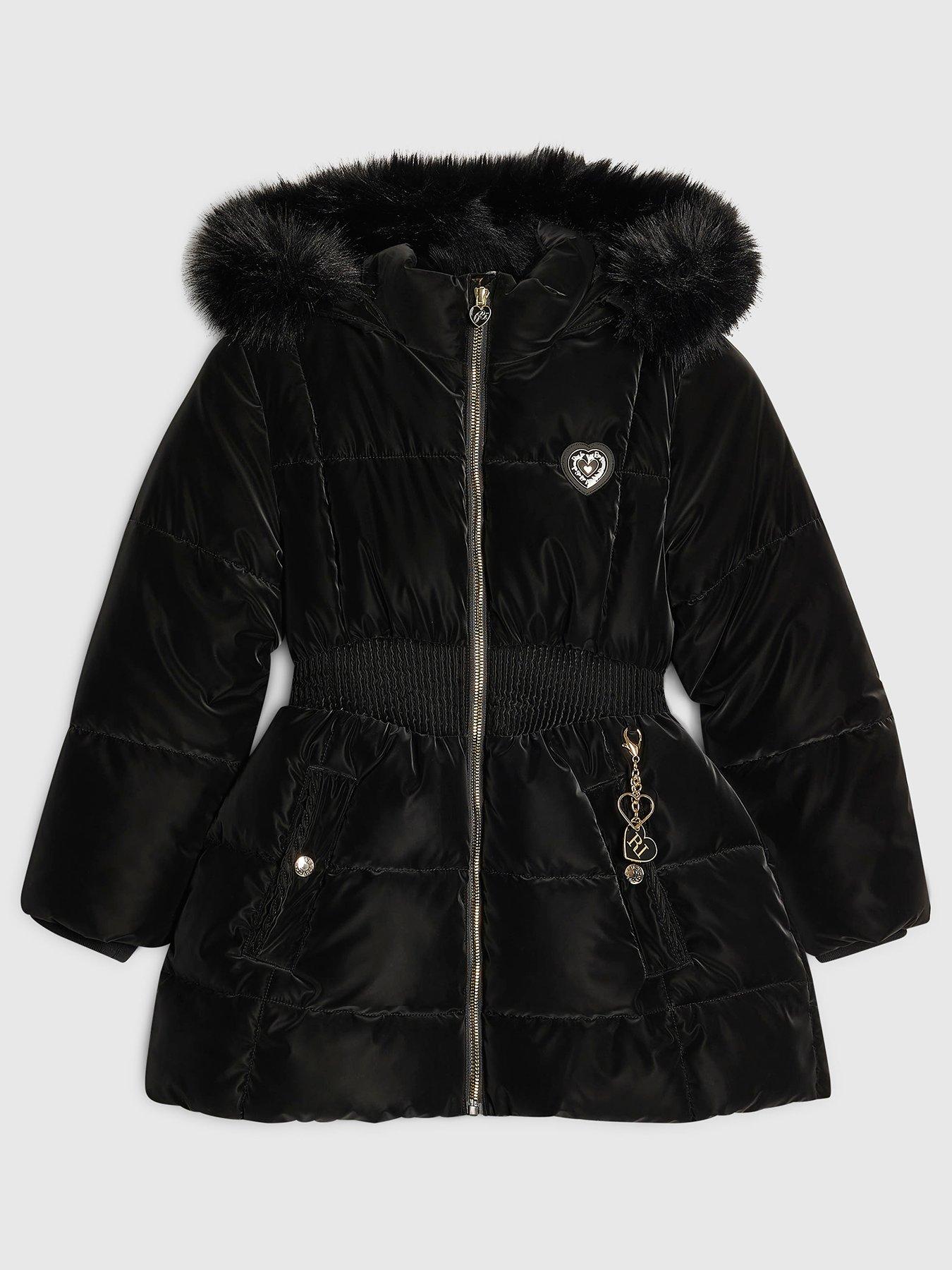 Image 1 of 3 of River Island Girls Velour Padded Coat - Black