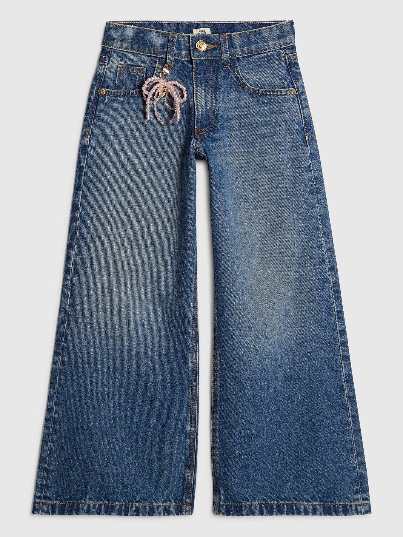 River Island Girls Wide Leg Bow Keychain Jeans - Blue