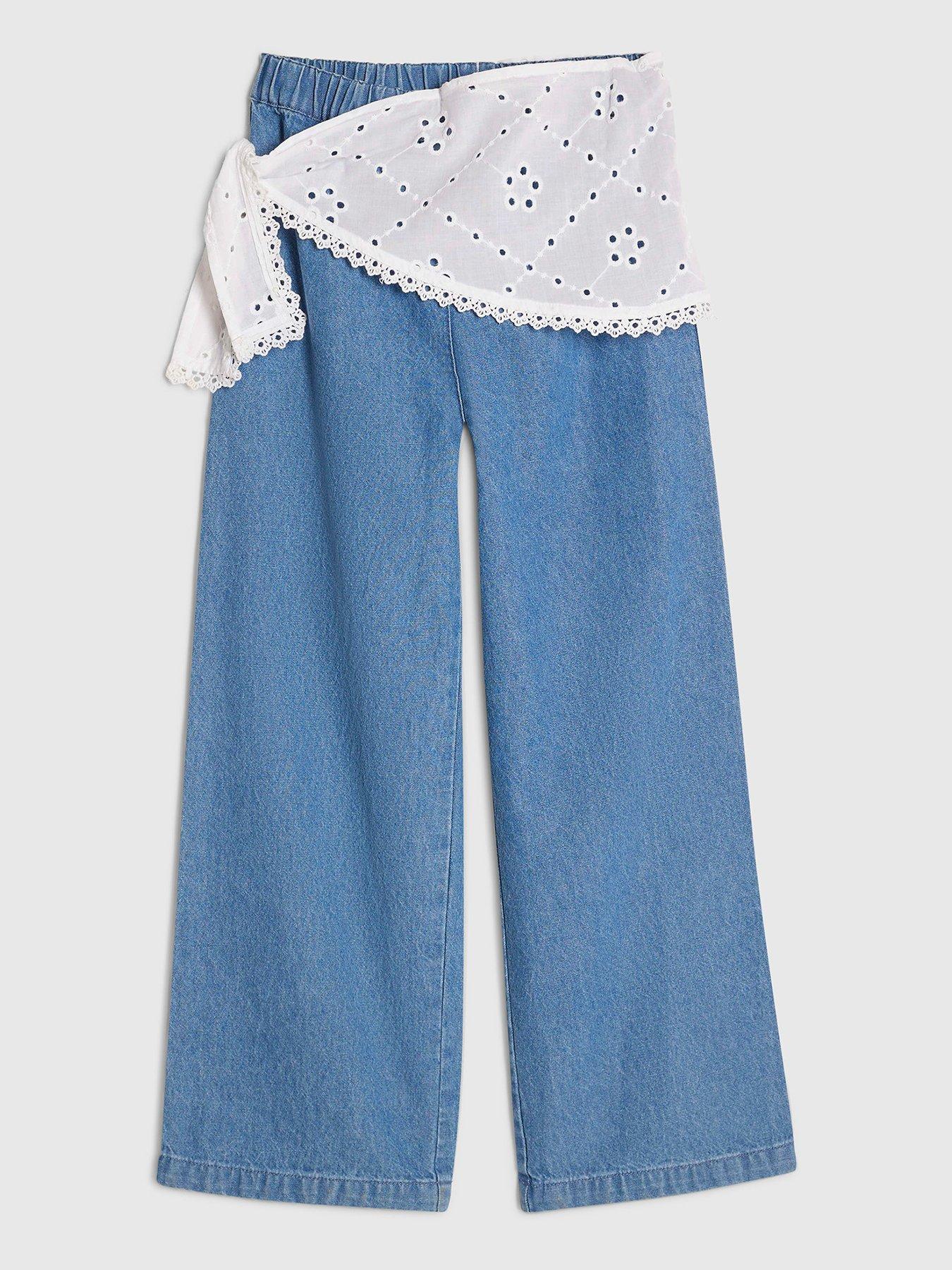 Image 1 of 4 of River Island Girls Blue Scarf Wide Leg Jeans - Blue