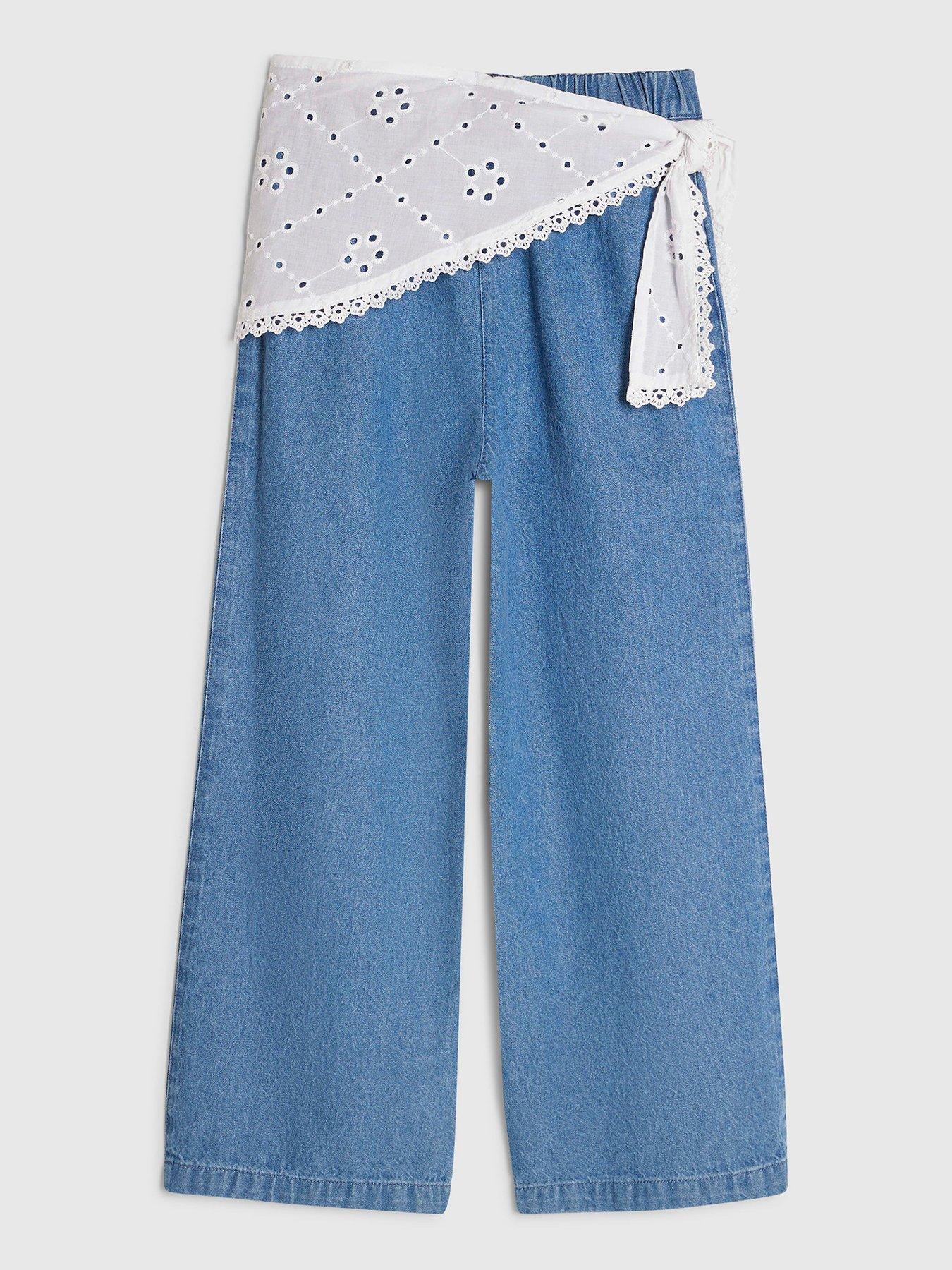 Image 2 of 4 of River Island Girls Blue Scarf Wide Leg Jeans - Blue