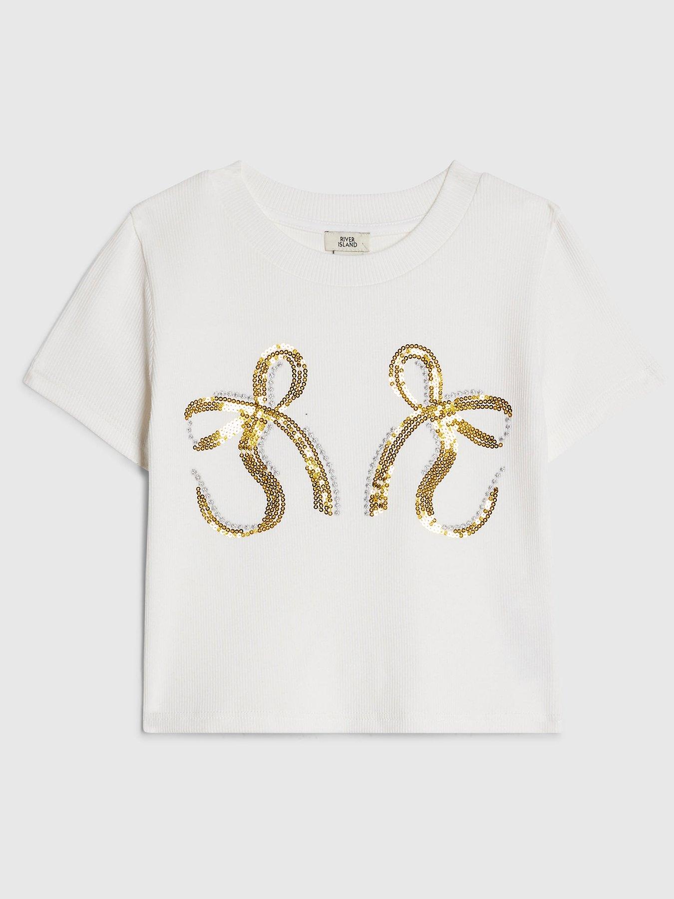 River Island Girls Sequin Bow T-Shirt - White