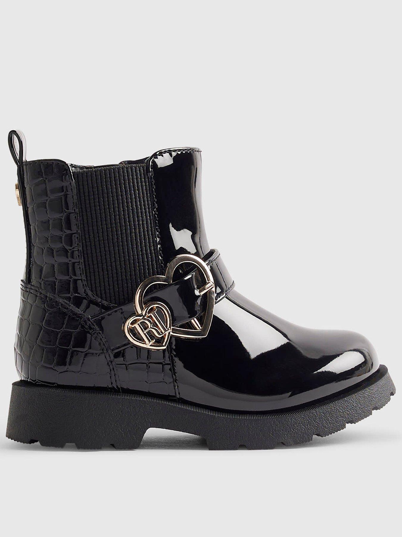 Image 1 of 5 of River Island Mini Girls Heart Buckle Chunky Sole Zip Boots - Black