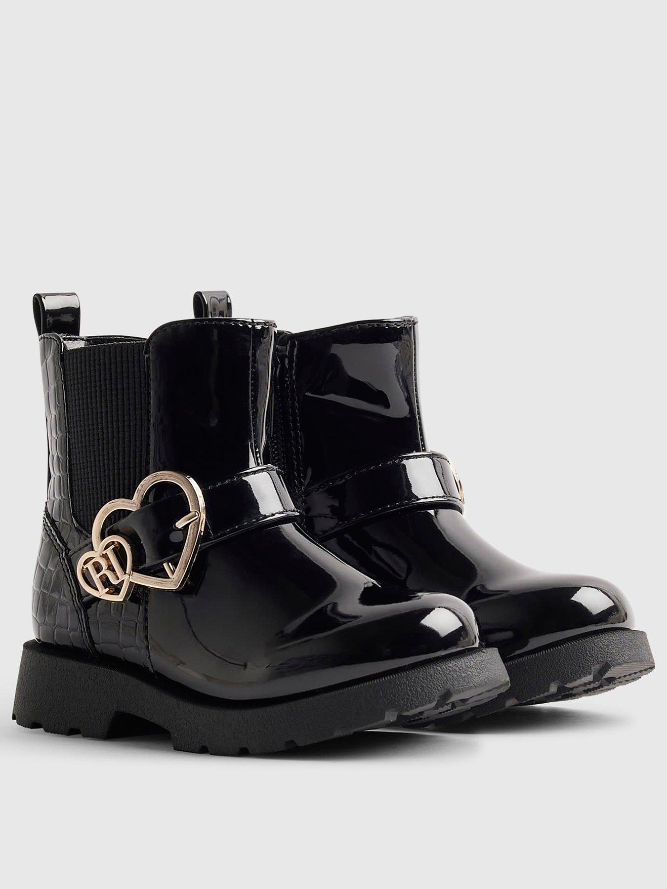 Image 2 of 5 of River Island Mini Girls Heart Buckle Chunky Sole Zip Boots - Black