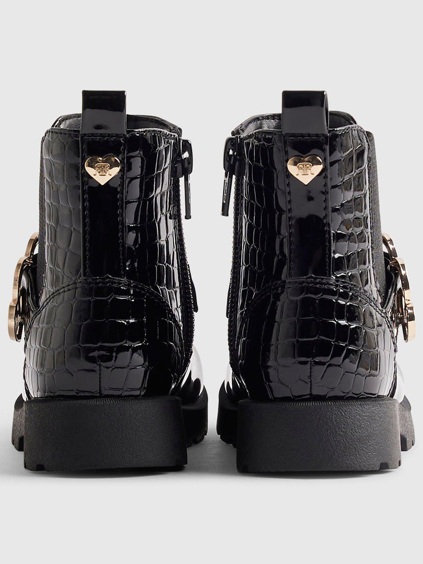 Image 3 of 5 of River Island Mini Girls Heart Buckle Chunky Sole Zip Boots - Black